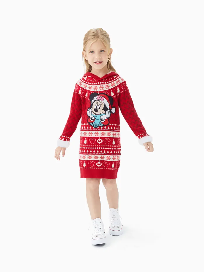 Disney Mickey and Friends Toddler GIrl 1pc Patrón de Navidad Minnie Mouse Mangas de borde de felpa Vestido de punto con capucha 