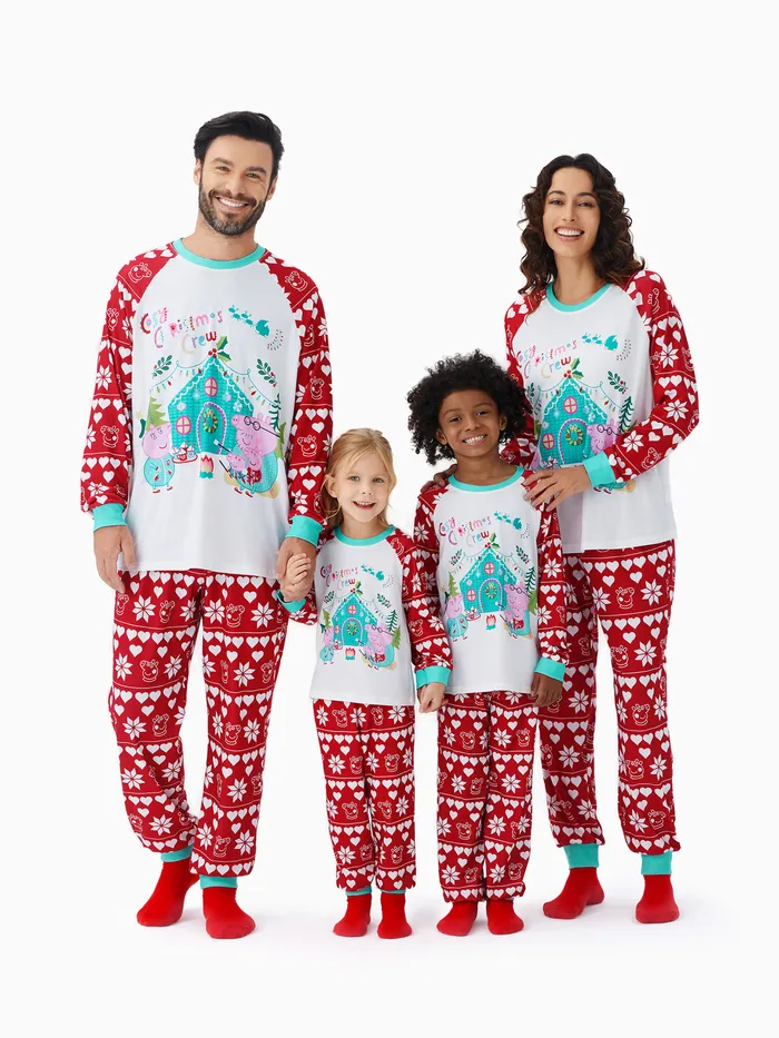 Peppa Pig Family matching Christmas Heart Snowflake Pattern Colorblock Pajamas Set (Flame Resistant)
