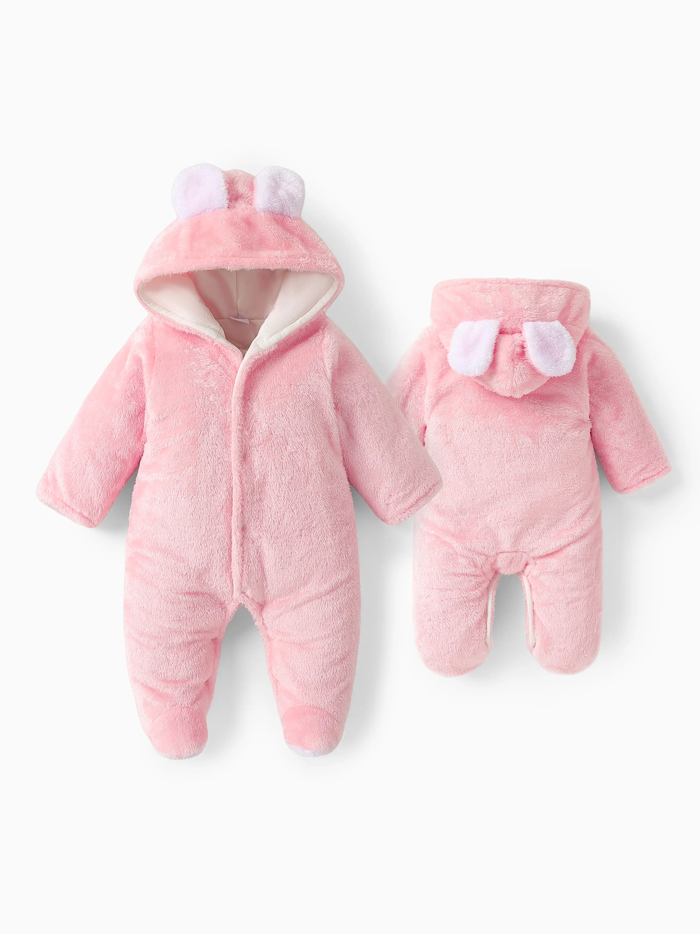 Solid Hooded 3D Bear Design Long-sleeve Baby Jumpsuit