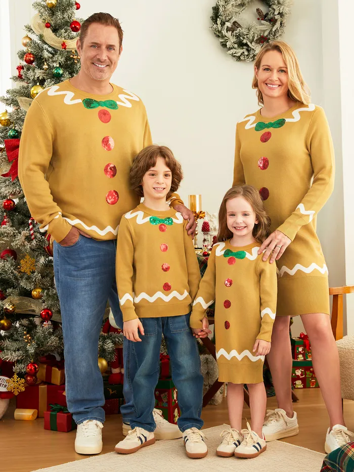 Christmas Family Matching Whimsical Gingerbread Man Sequin Embellishment Knitwear Sweater  