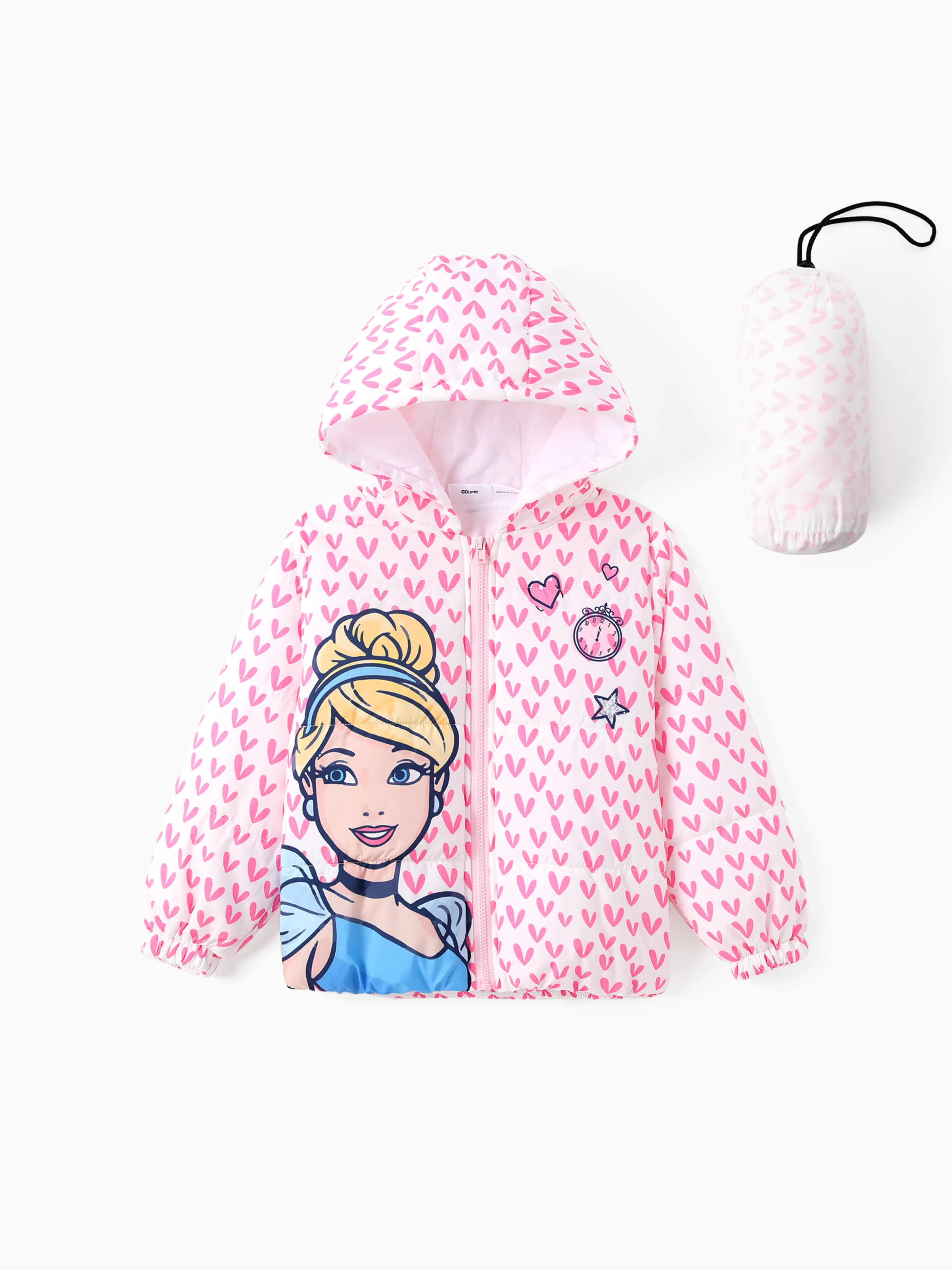 

Disney Princess Toddler Girl 2pcs Cindere/Belle/Ariel Heart/Dots/Gradient Print Hooded Puffer Jacket Coat With Storage Bag