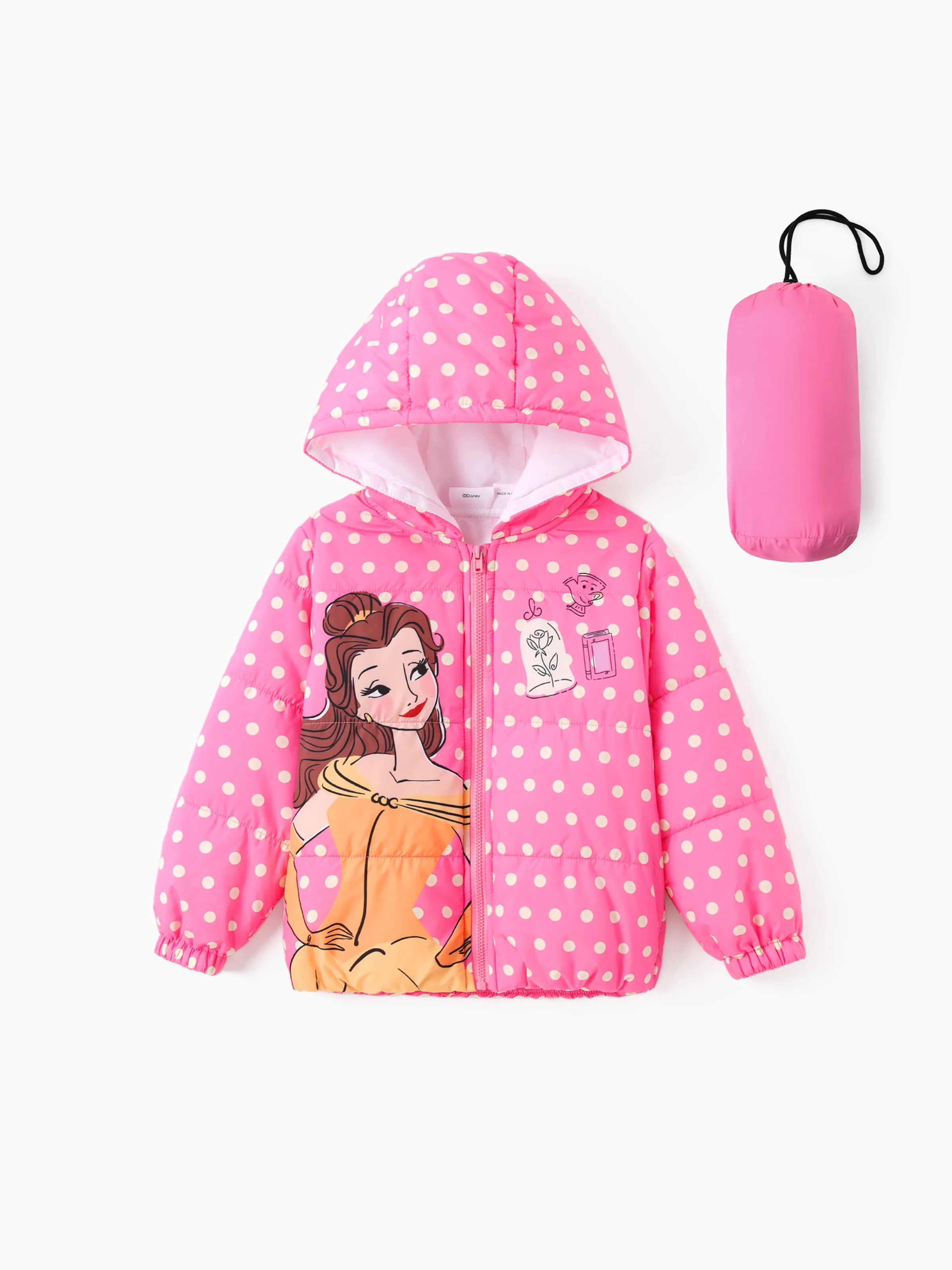 Princesa Disney Niña Pequeña 2pcs Cindere/Belle/Ariel Corazón/Puntos/Estampado Degradado Chaqueta Acolchada con Capucha Abrigo con Bolsa de Almacenamiento