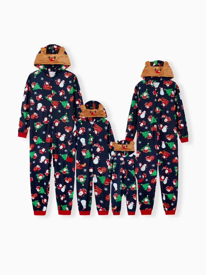 Verde Navidad Familia Conjuntos de Pijamas Reno 3D Capucha Papá Noel Estampado Allover Pijama 