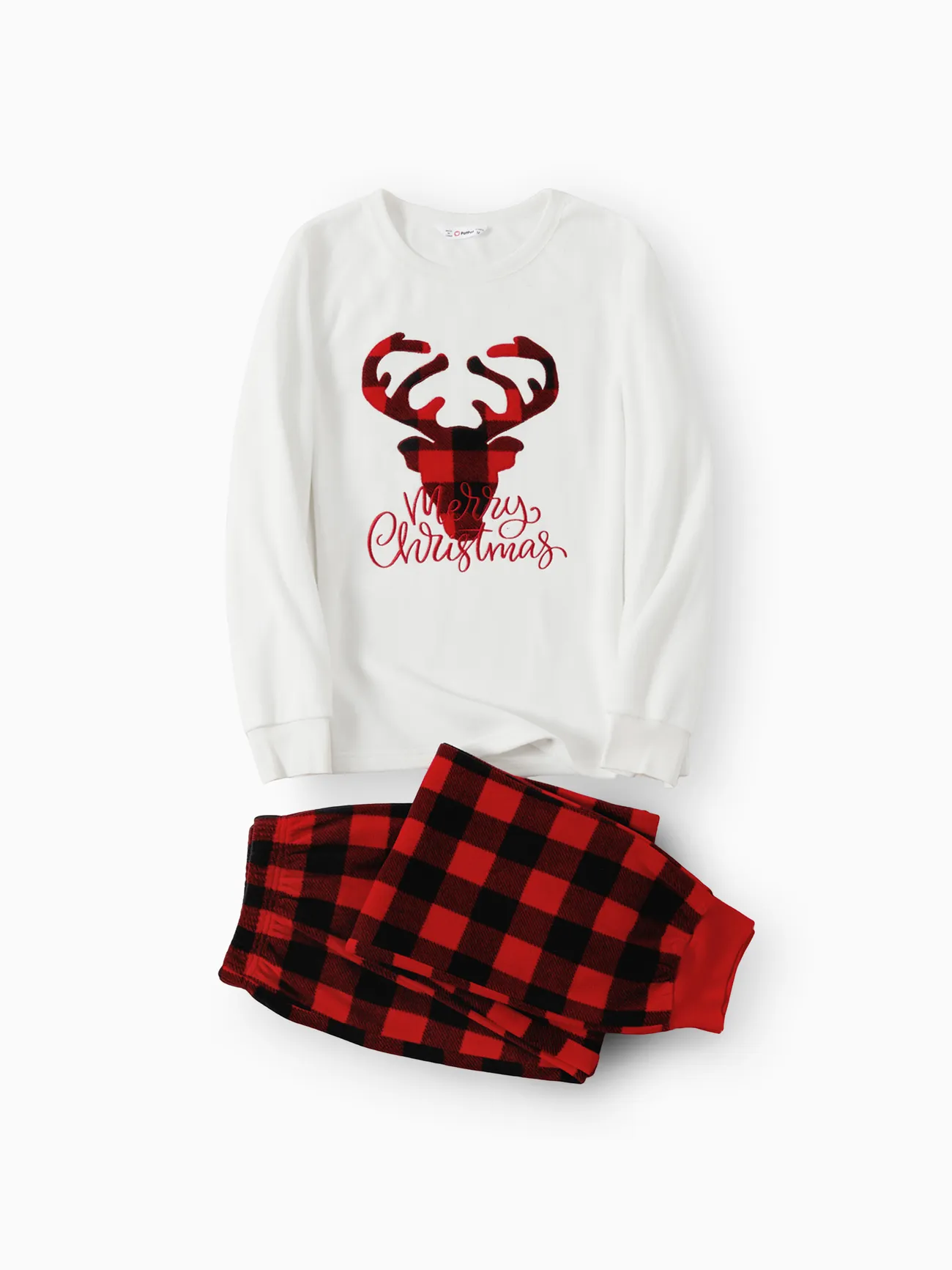 

Christmas Family Matching Deer & Letter Embroidered Thickened Polar Fleece Long-sleeve Red Plaid Pajamas Sets (Flame Resistant)