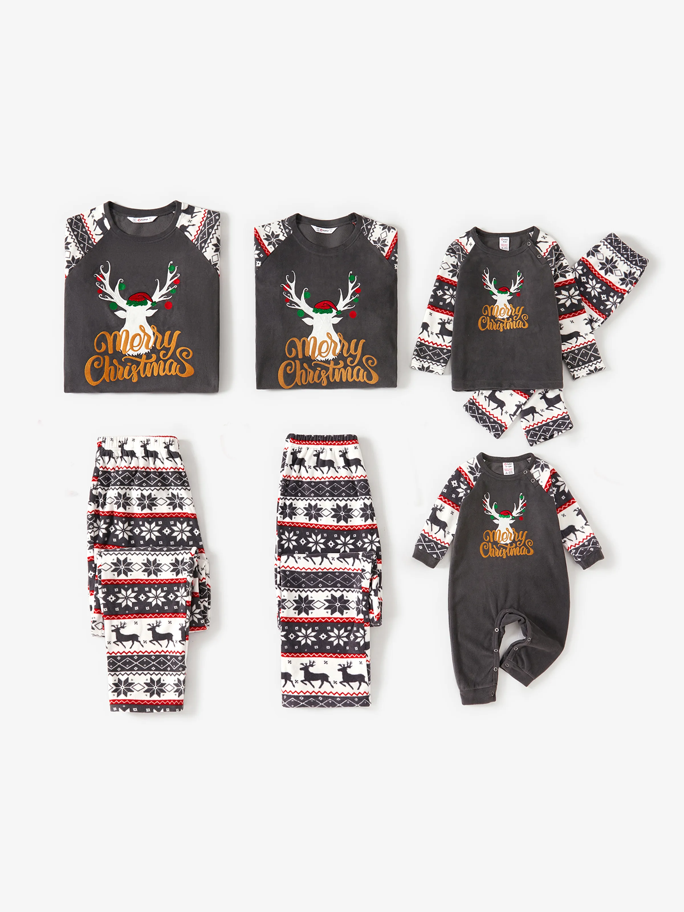 Family Christmas Fleece Pajamas  - Grey Deer Print Tops and PJs Pants Raglan-sleeve