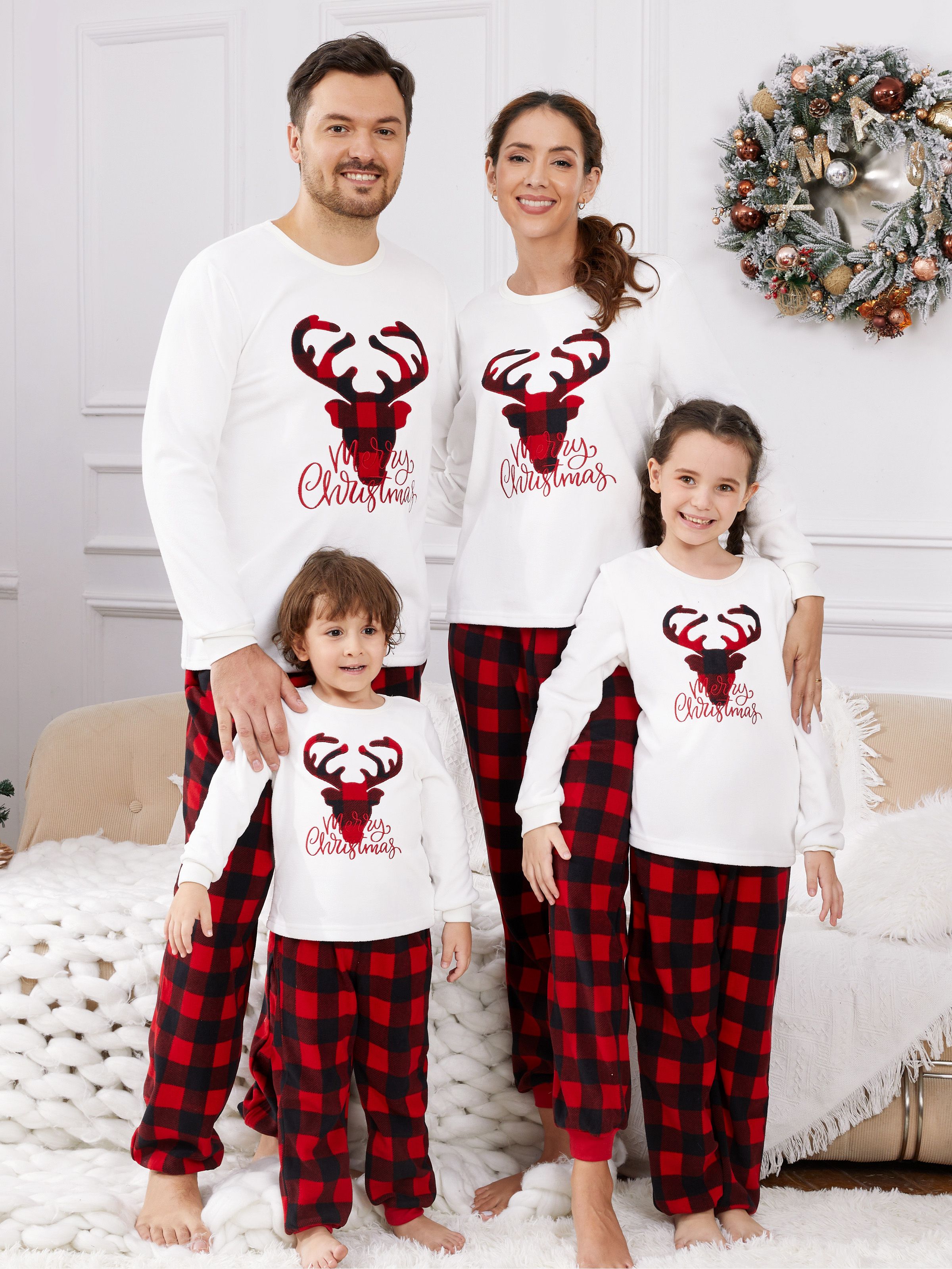 Christmas Family Matching Deer Letter Embroidered Thickened Polar Fleece Long sleeve Red Plaid Pajamas Sets Flame Resistant