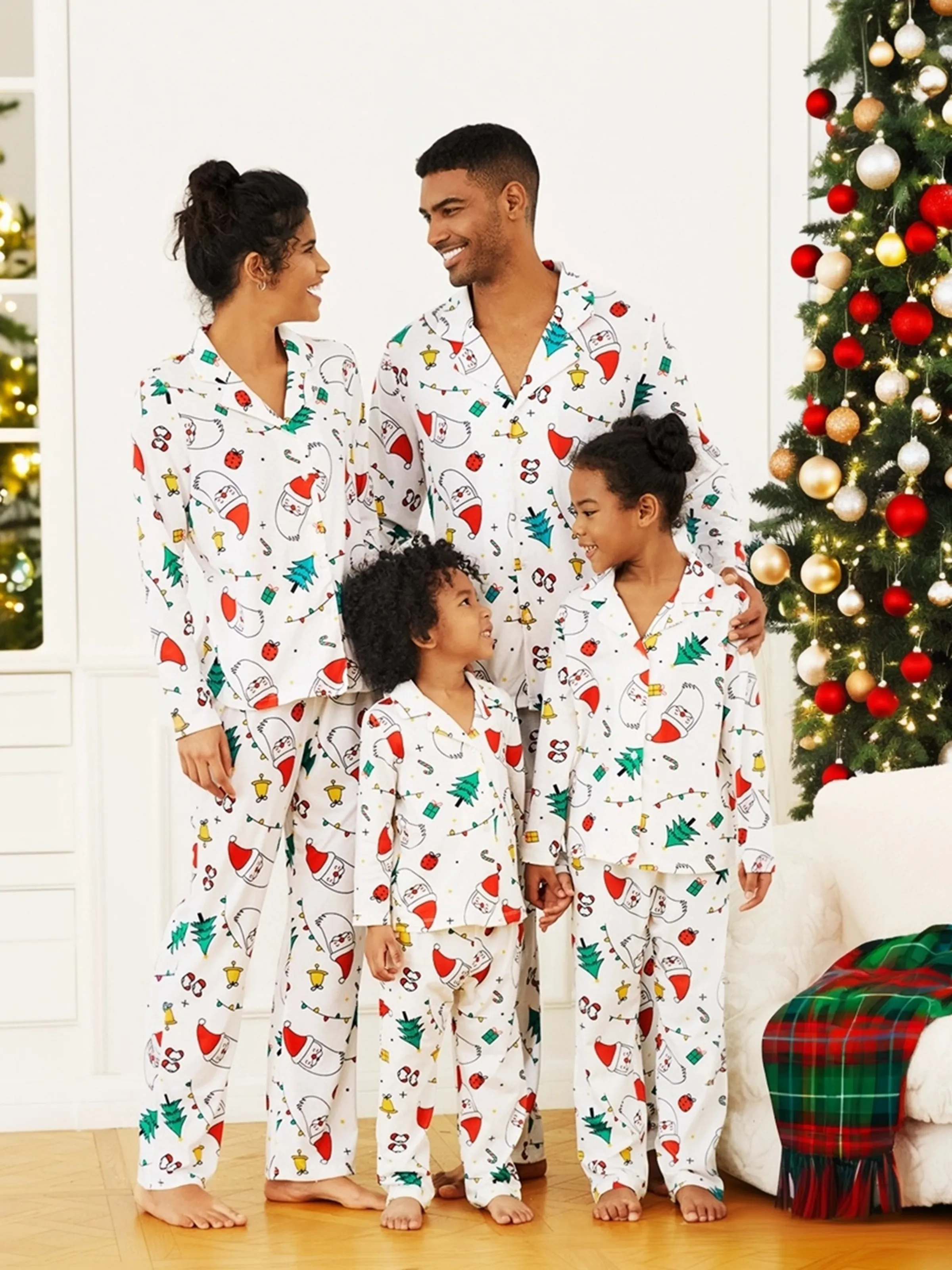 Matching Pajama Sets White with Collar - Christmas PJs Holiday Print