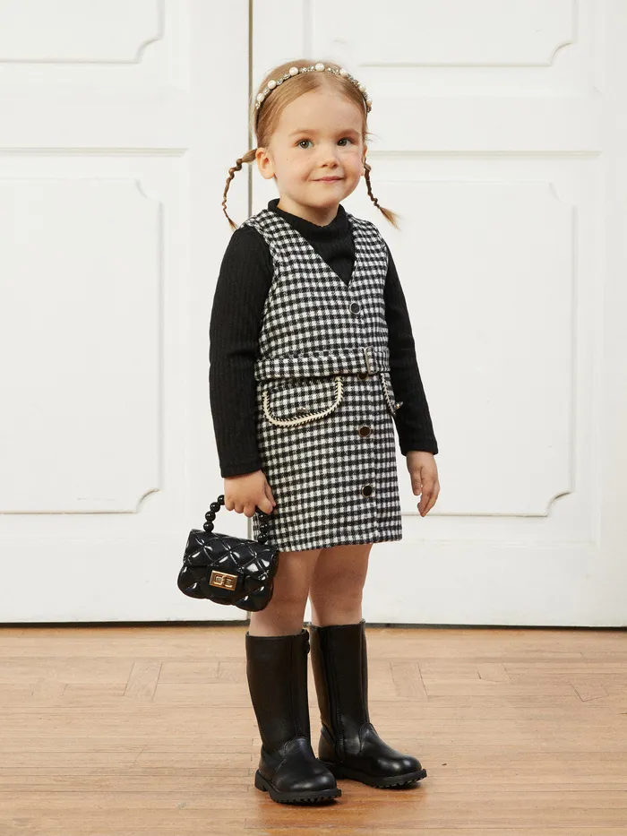 2-piece Toddler Girl Turtleneck Long-sleeve Ribbed Black Sweater and Belted Plaid Tweed Overall Dress Set