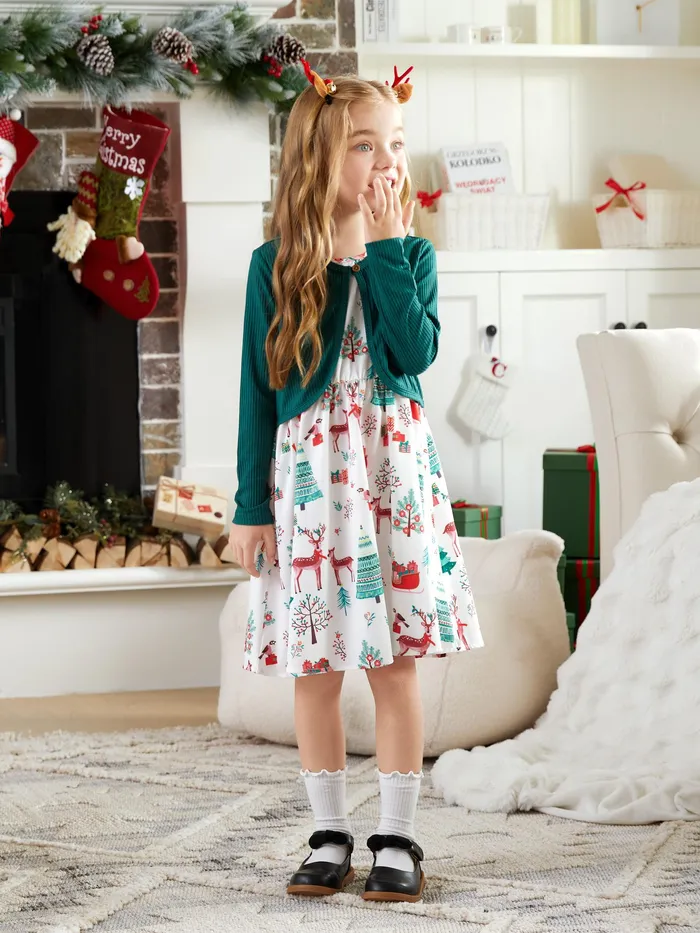 Christmas 2pcs Kid Girl Solid Cardigan and Dress Set