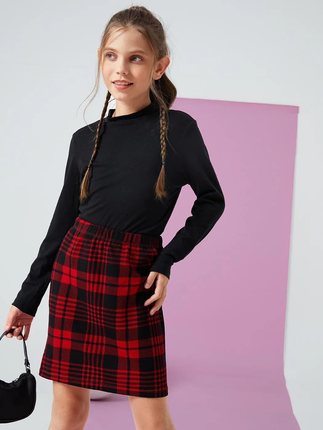 

Kid Girl Stand Collar Grid/Houndstooth Skirt Suit