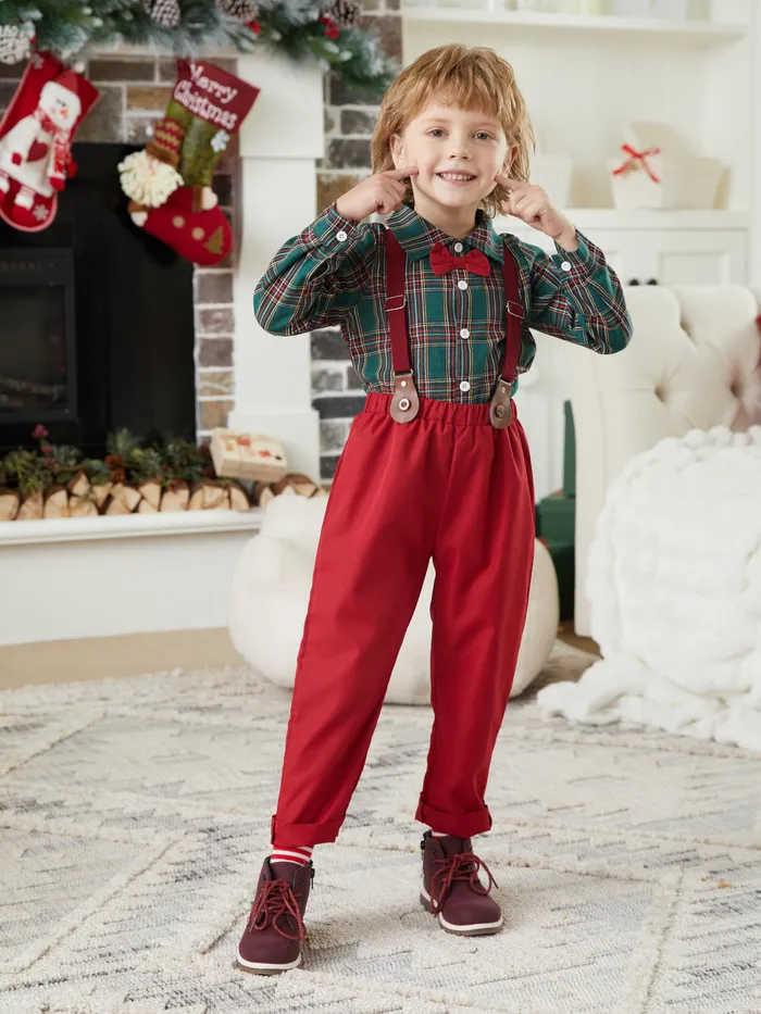 3pcs Toddler Boy Christmas Classic Grid Cotton Set with Lapel