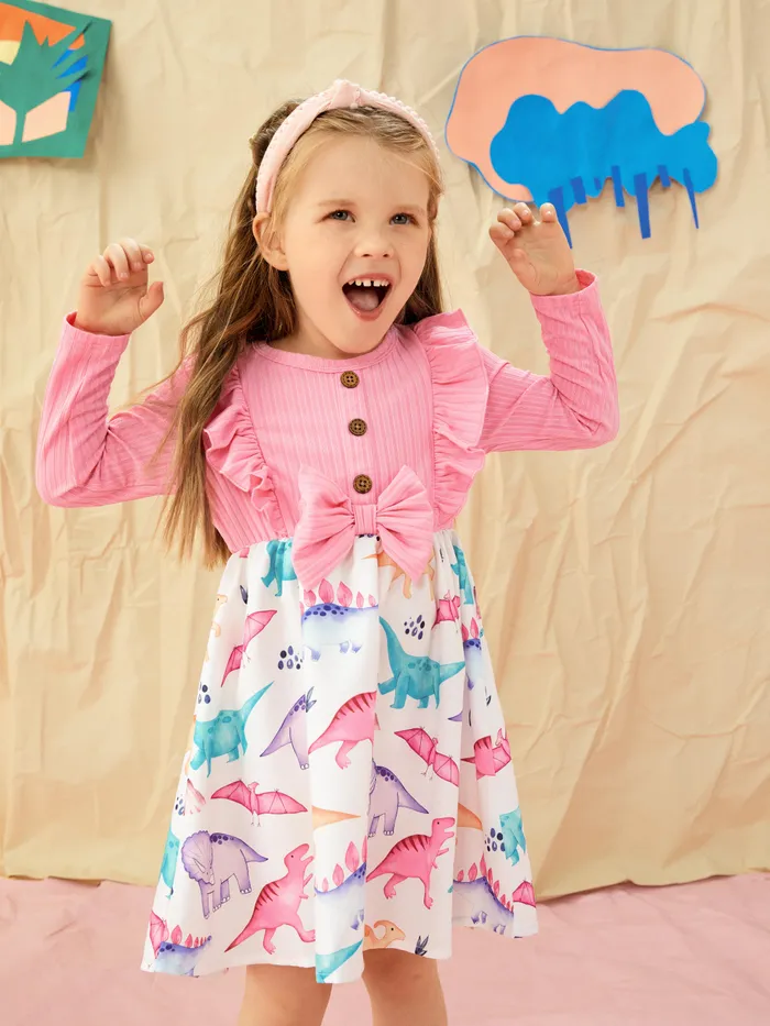 Toddler Girl Dinosaur Print Splice Ruffled Bowknot Design Long-sleeve Dress