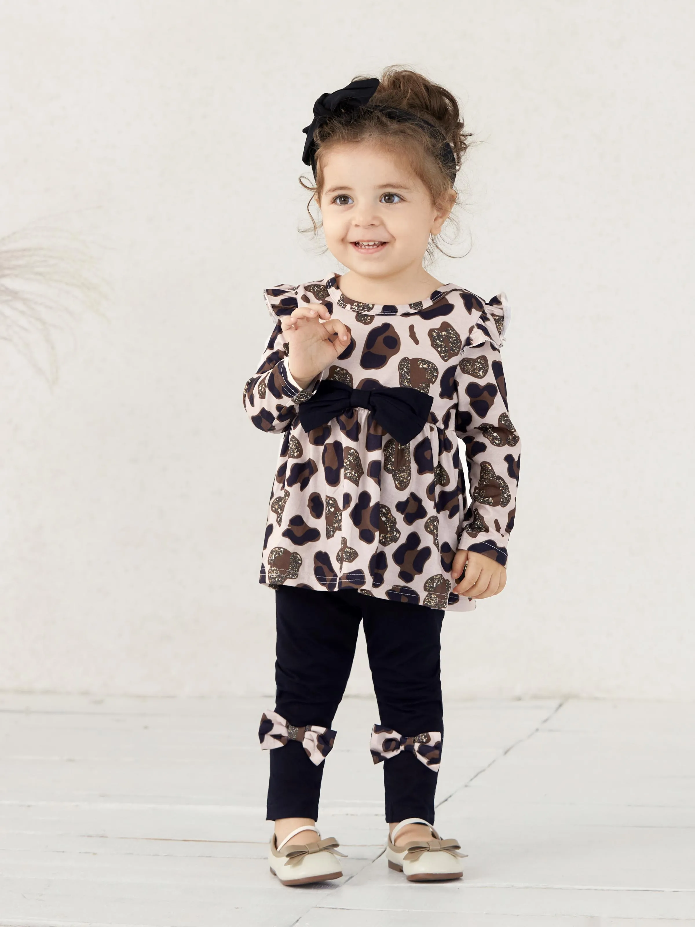 Baby Girl Clothes 3pcs Leopard Ruffle Top and Leggings with Headband Set