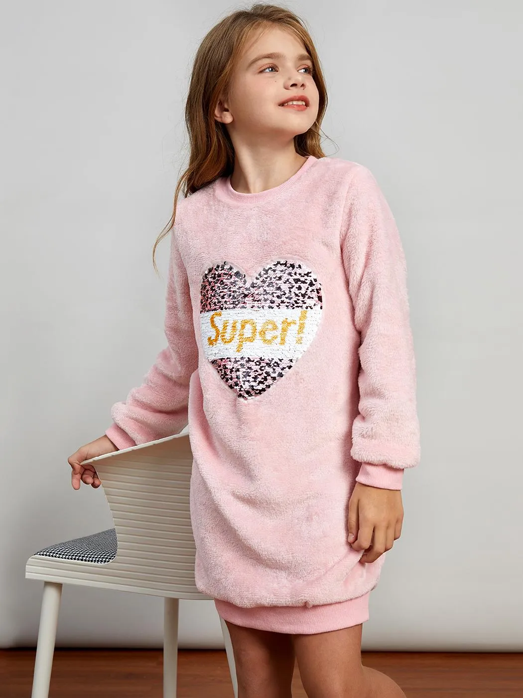 niño niña flip sequin letter heart pattern pink sudadera vestido