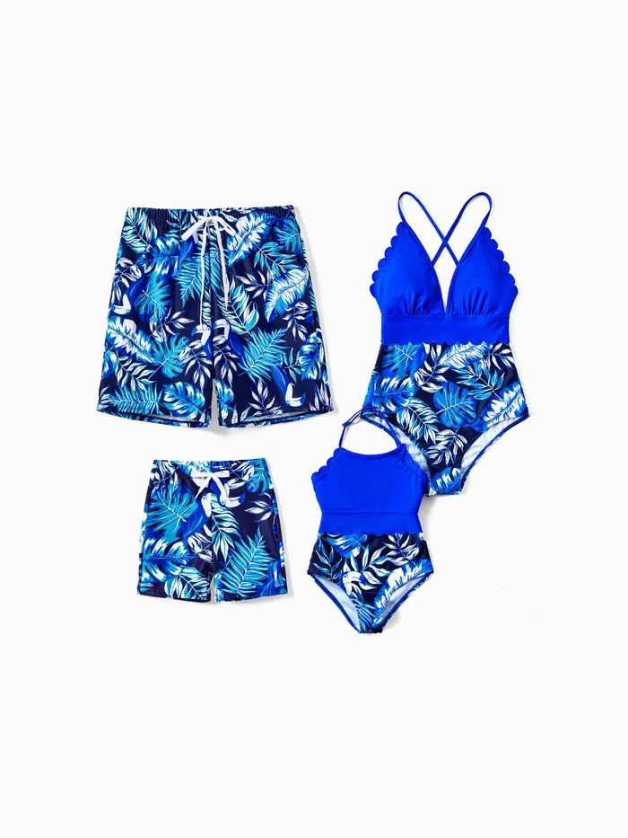 Family Matching Palm Leaves Print Blue One-piece Swimsuit