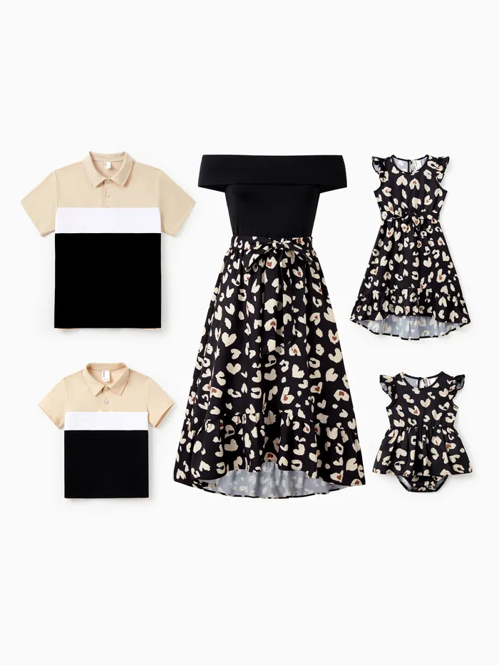 Family Matching Sets Colorblock Polo Short-sleeve Top or Heart Print Off-Shoulder Co-ord