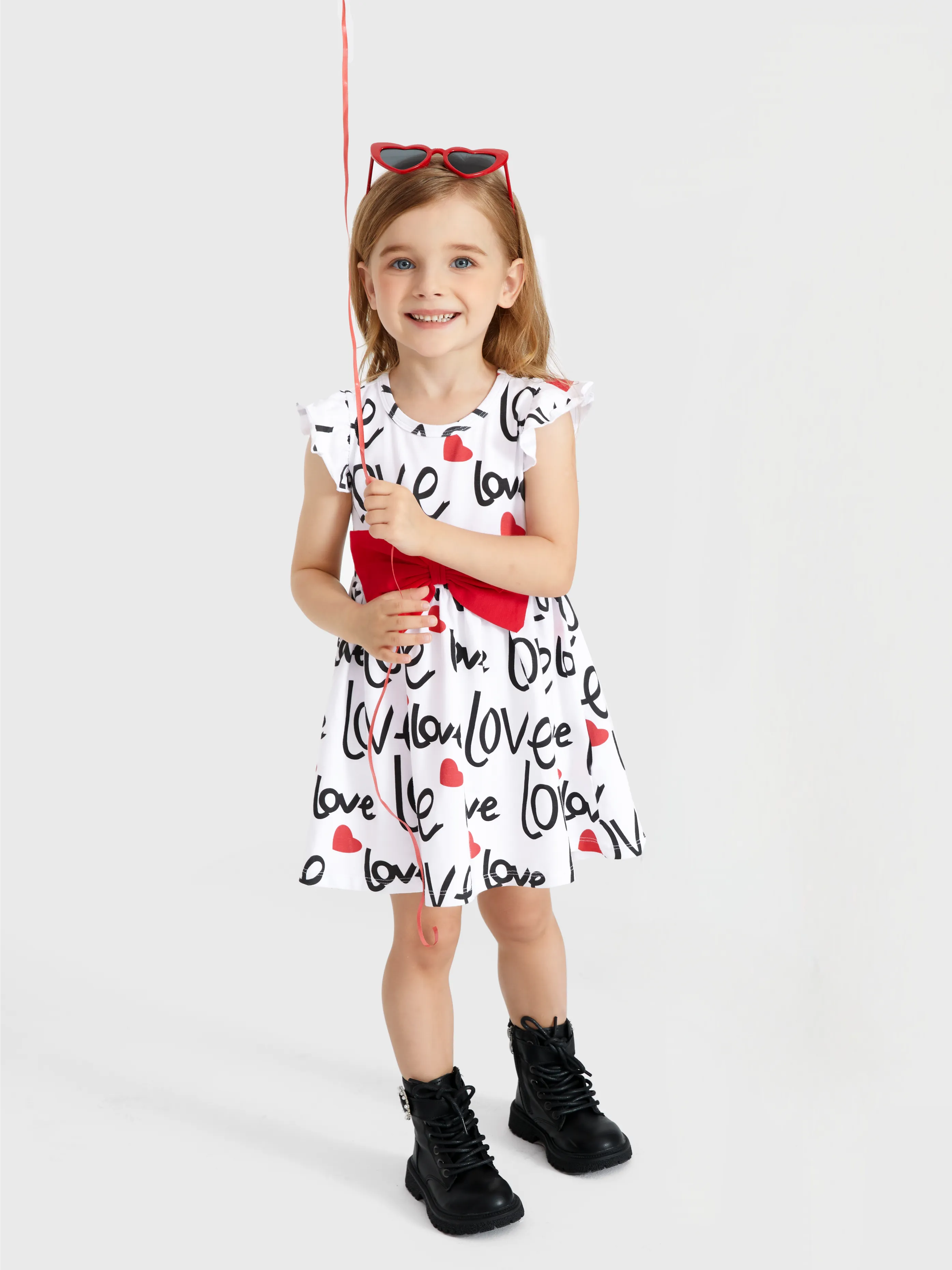 Valentine's Day Bow Design Letter Print Flutter-sleeve Dress