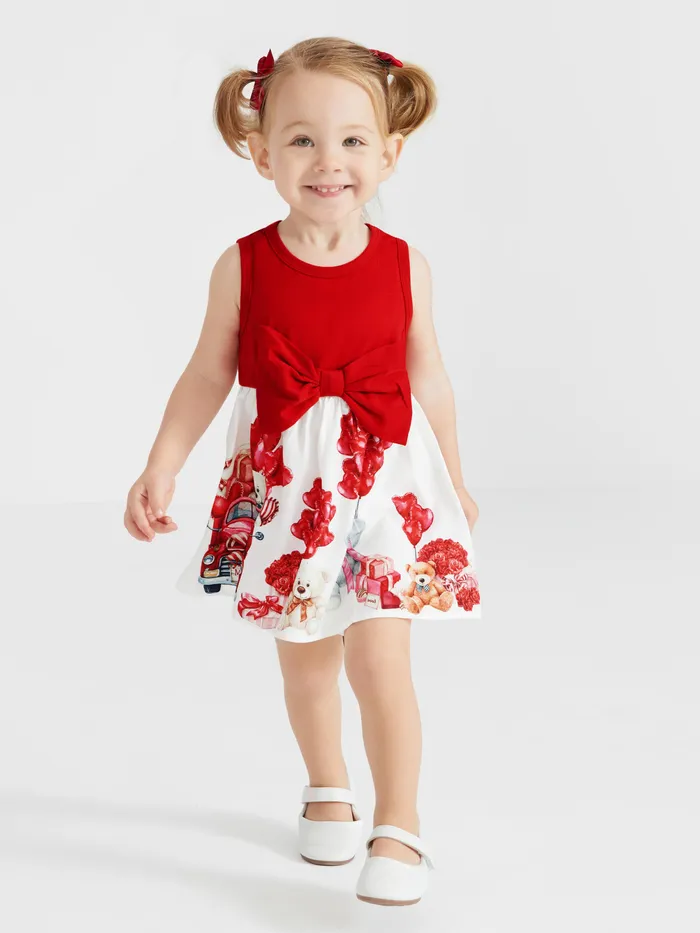 

Valentine's Day Baby Girl Bow Design Bear Print Dress