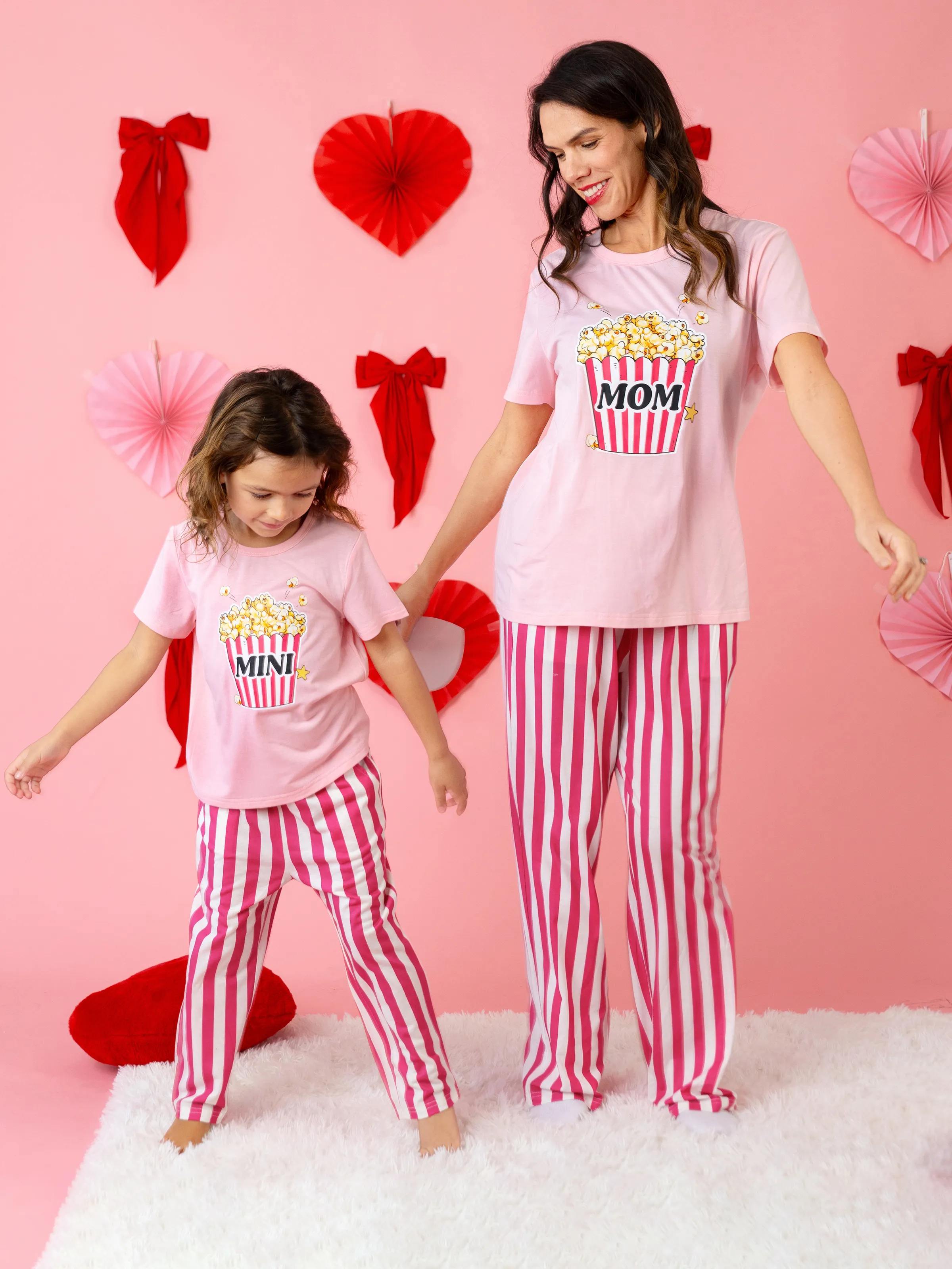 Valentine's Day Family Pajamas Short-sleeve Popcorn Print Striped Matching Set