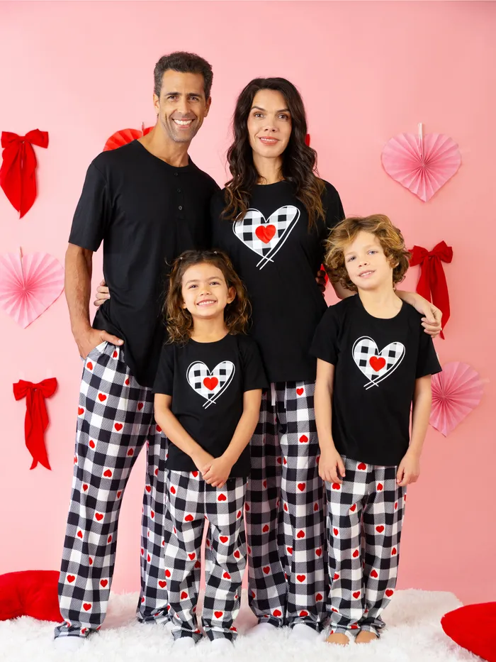 Valentine's Day Family Matching Heart Print Short-sleeve Top and Plaid Pants Black Pajamas Set