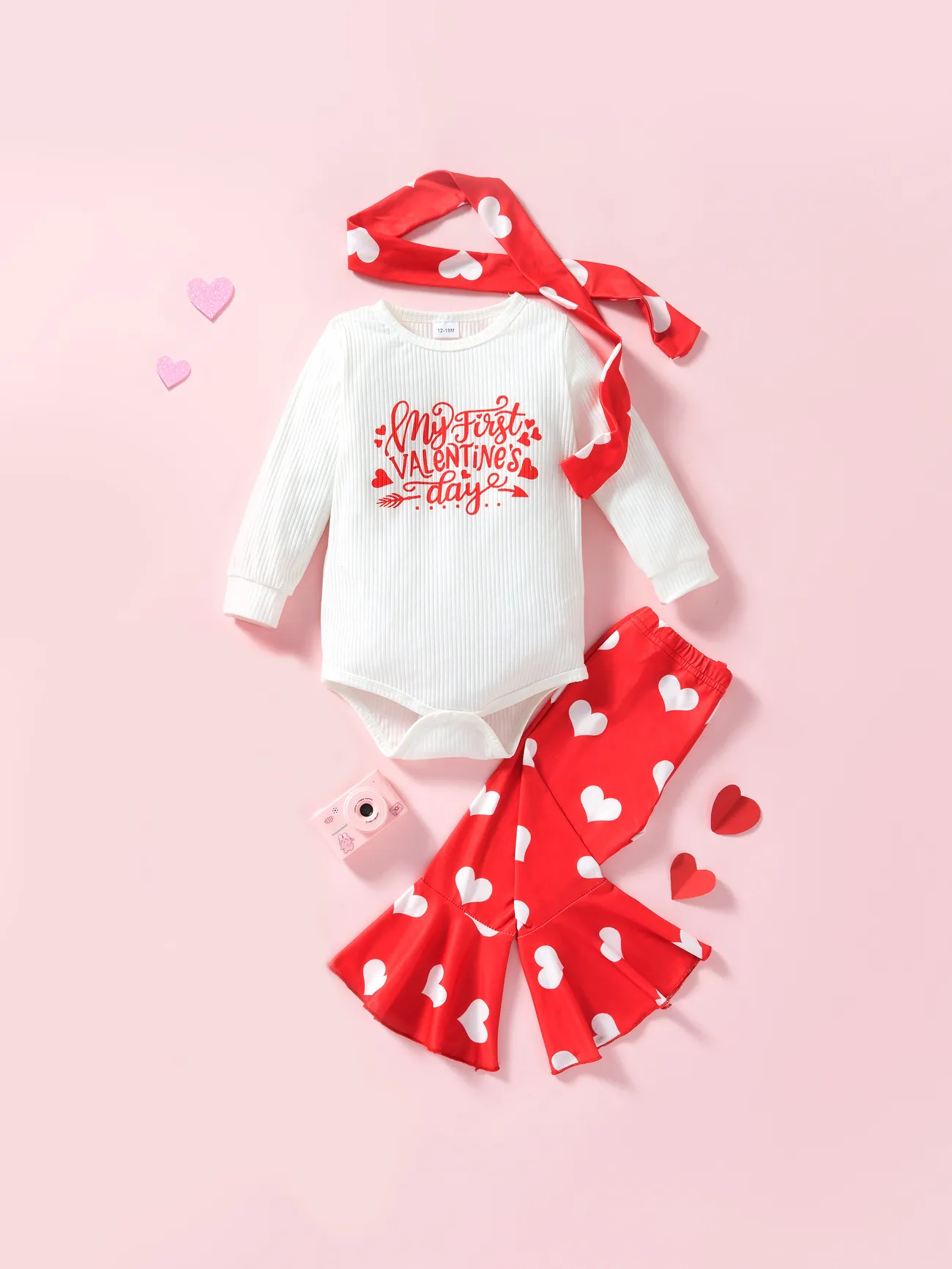 Valentine's Day 3pcs Baby Girl 95% Cotton Letter Graphic Long-sleeve Ribbed Romper and Allover Heart Print Flared Pants with Headband Set