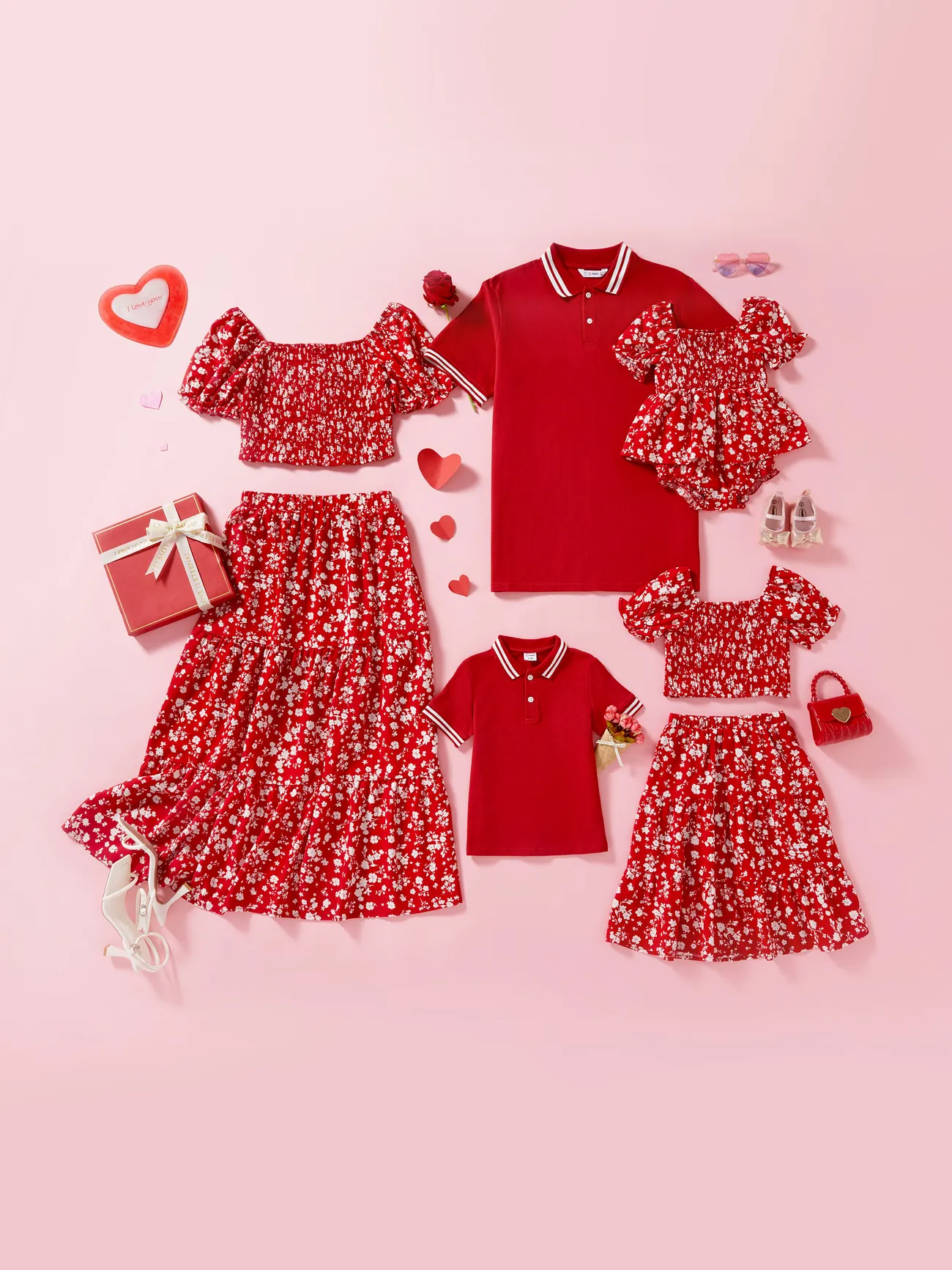 Día de San Valentín Familia Conjuntos Rojos a Juego Polo Floral Top de Manga Corta o Hombro Fuera Dobladillo Dividido Conjunto Co-ord