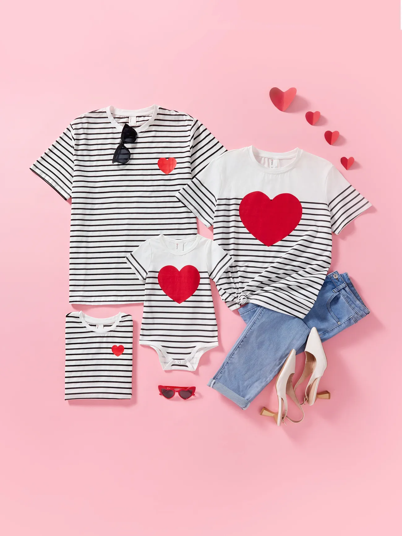 Valentine's Day Family Matching Cotton Stripe Tee Heart-shaped Short-sleeve Tops 