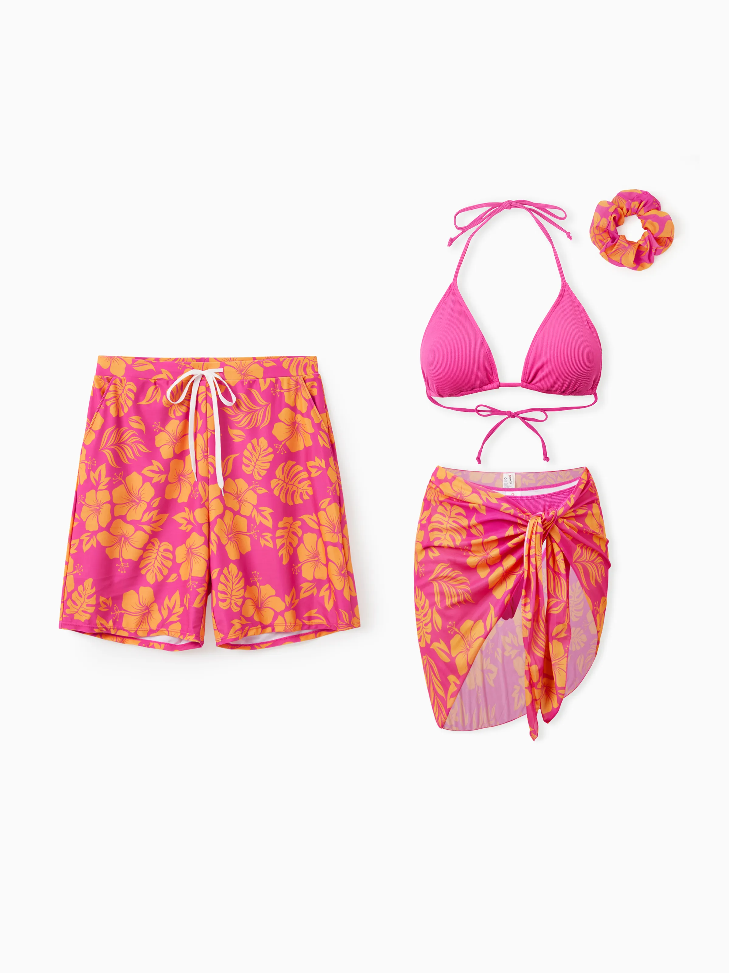 Tropisches Blumenmuster, pinkfarbene Badehose mit Kordelzug oder zweiteiliger Bikini mit verdecktem Sarong-Rock und einem passenden Badeanzug-Set mit Stirnband für Paare