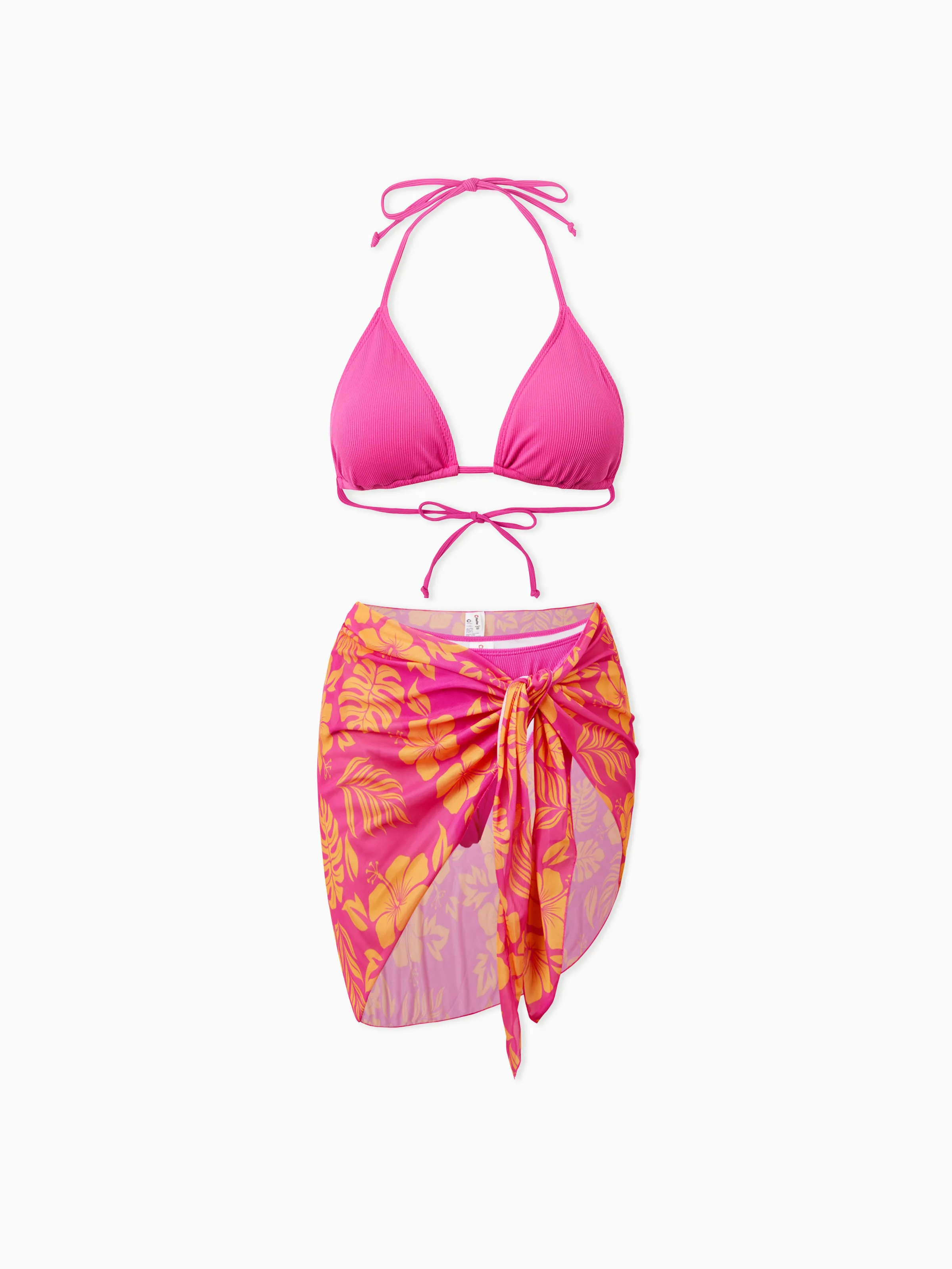 

Tropical Floral Pattern Hot Pink Drawstring Swim Trunks or Two-Piece Bikini with Cover Up Sarong Skirt and a Headband Matching Swimsuit Set for Couples