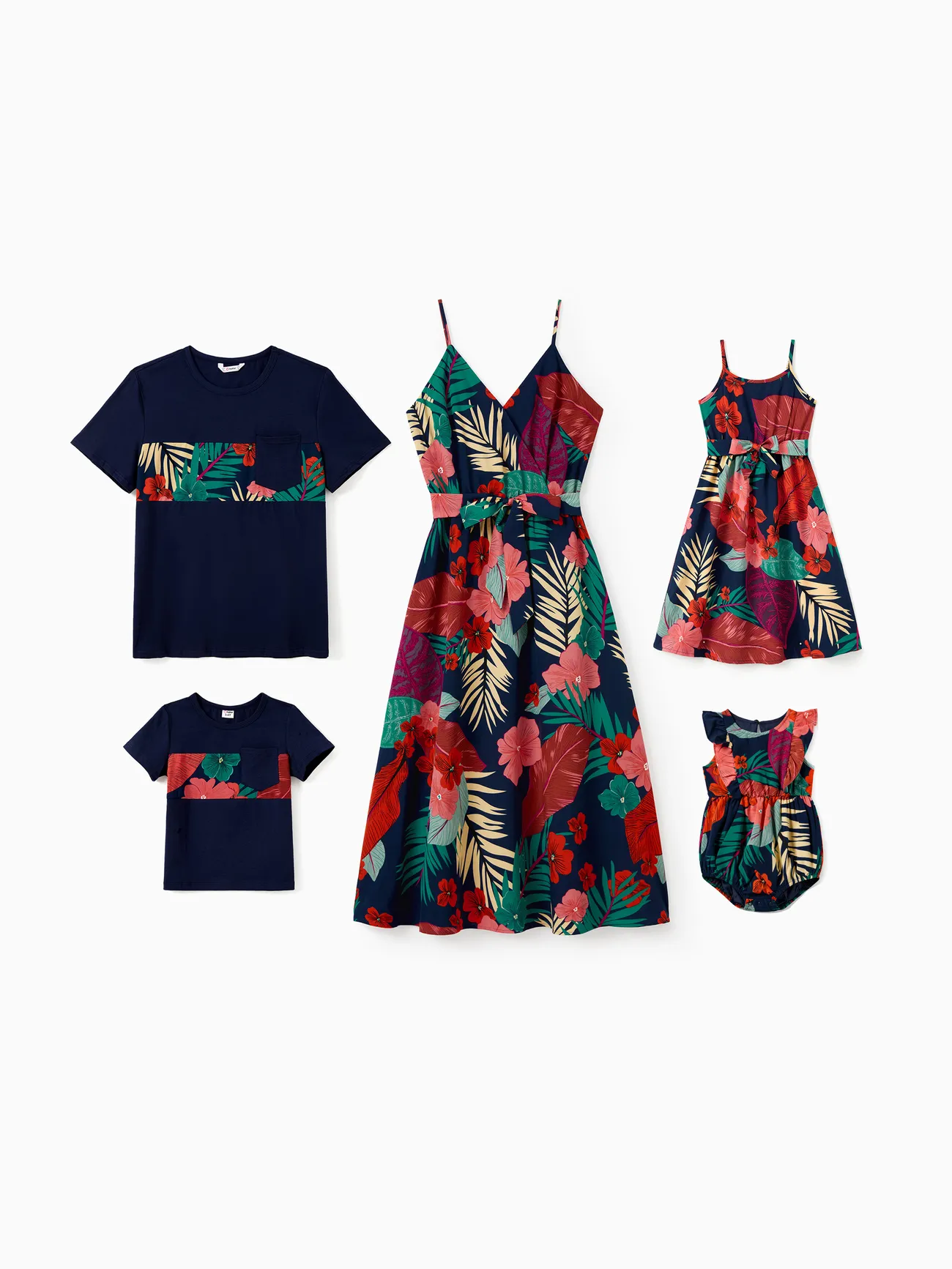 Family Matching Sets Floral Panel Black tee and V-neck Strap Dress with Hidden Snap - Deep Blue - image 1