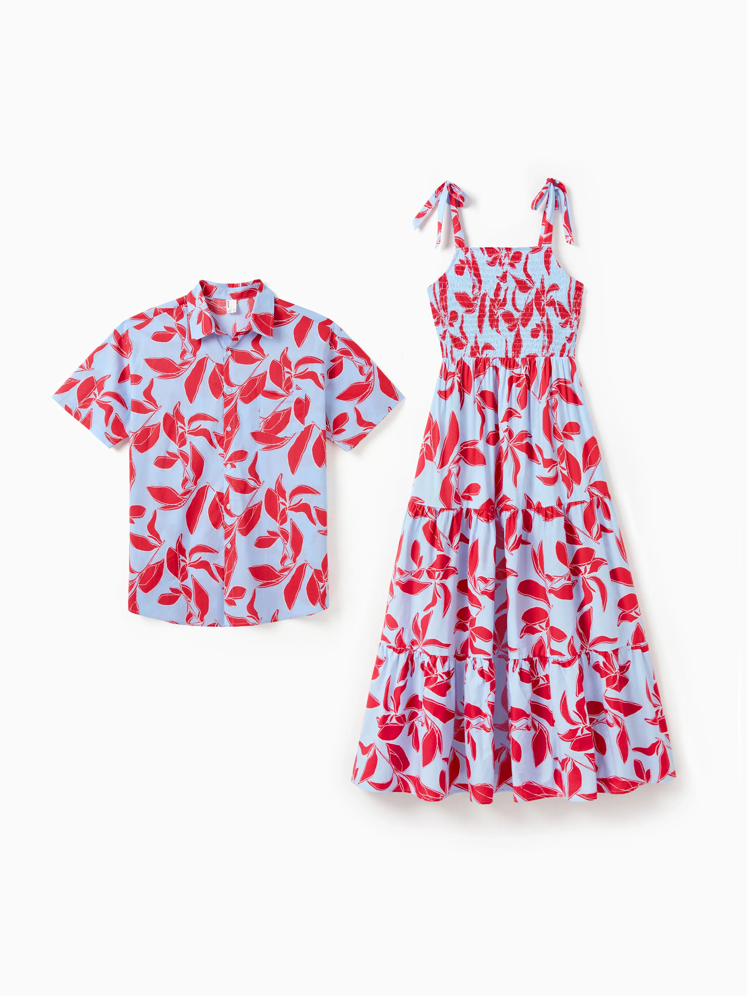 Matching Red Leaf Print Short-sleeve Shirt or Smocking Strap Dress Casual Couple Set