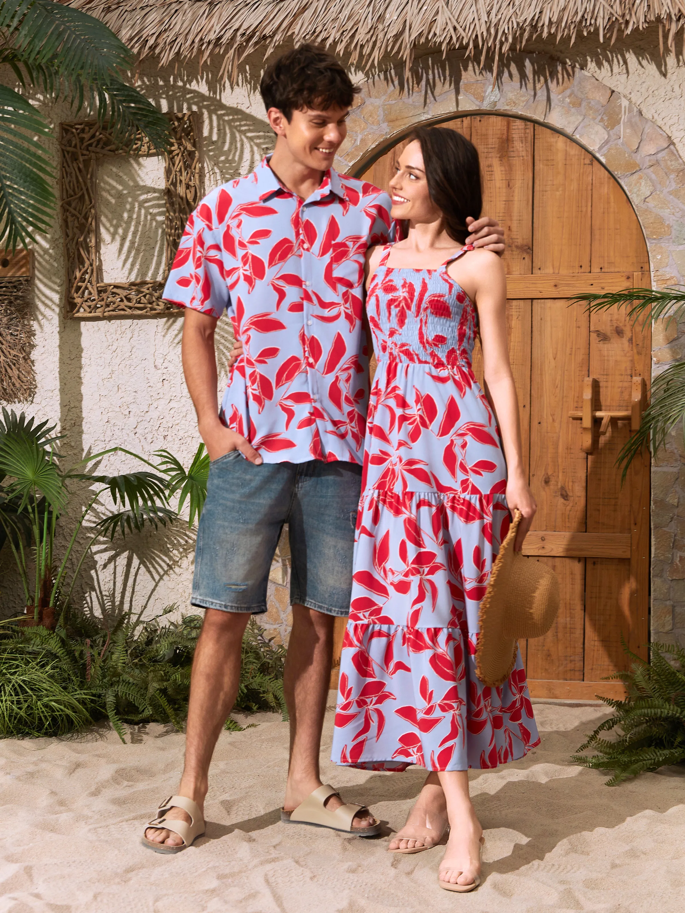 

Matching Red Leaf Print Short-sleeve Shirt or Smocking Strap Dress Casual Couple Set