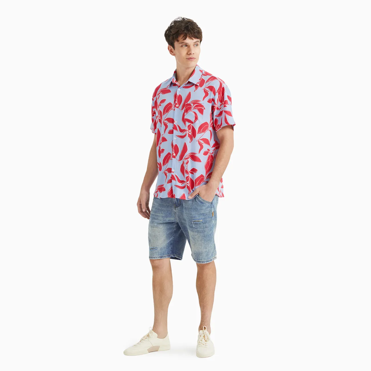 Matching Red Leaf Print Short-sleeve Shirt or Smocking Strap Dress Casual Couple Set
