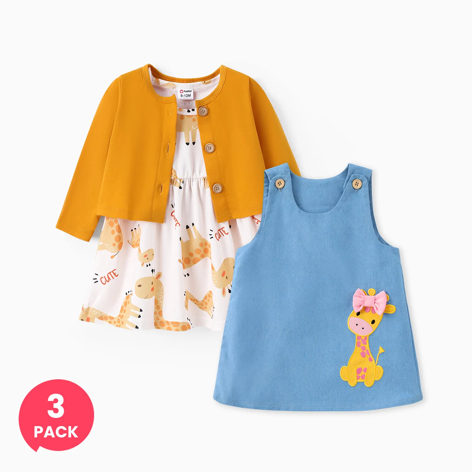 Lot de 3 cardigan pour bébé fille et robe à imprimé girafe et robe débardeur en denim Giraffe Bowknot