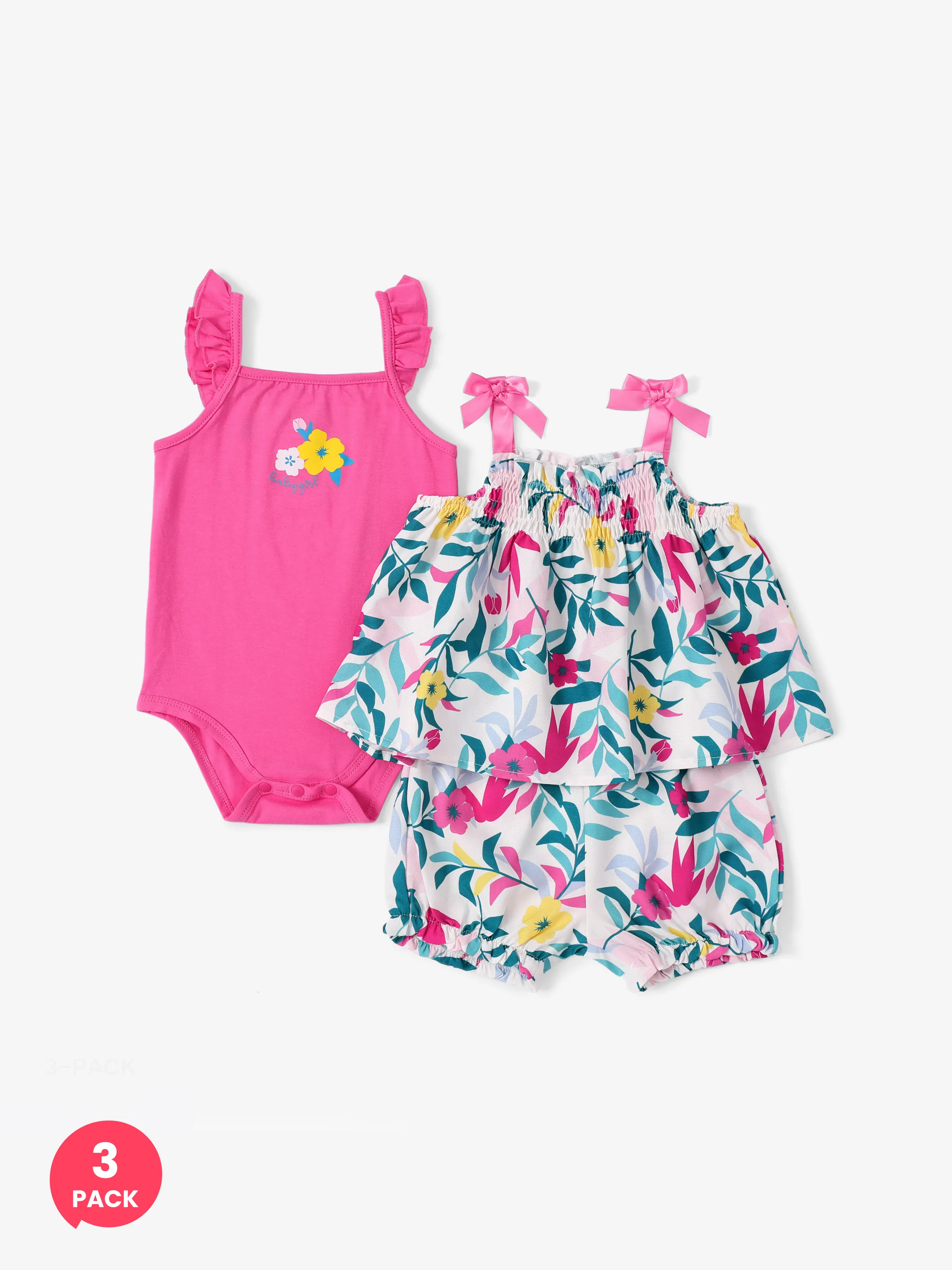 Bébé fille 3pcs barboteuse à volants et camisole à imprimé floral et short ensemble