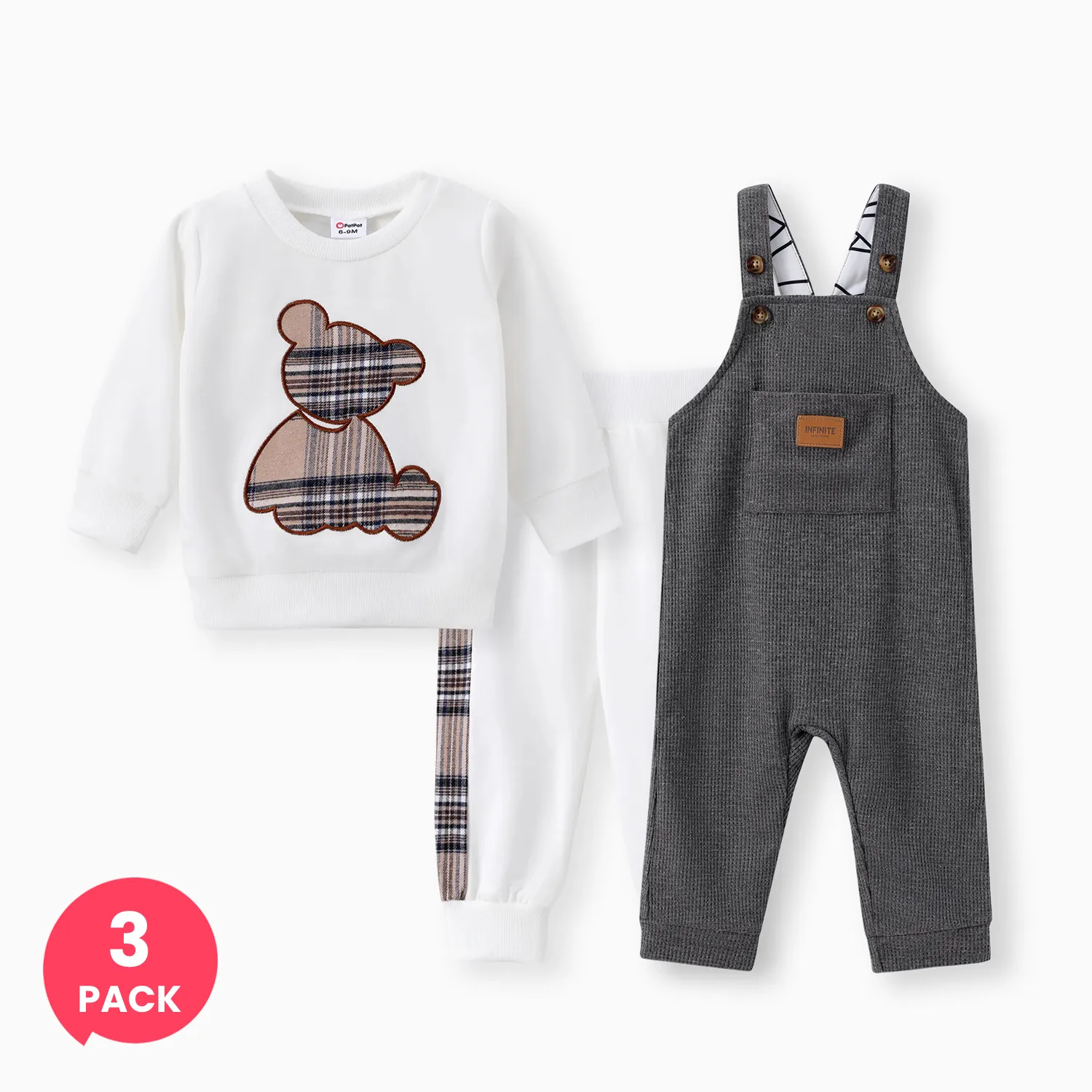 3-Pack Baby Boy Plaid Print Bear Embroidered Sweatshirt and Pants Set & Waffle Letter Patched Pocket Front Overalls