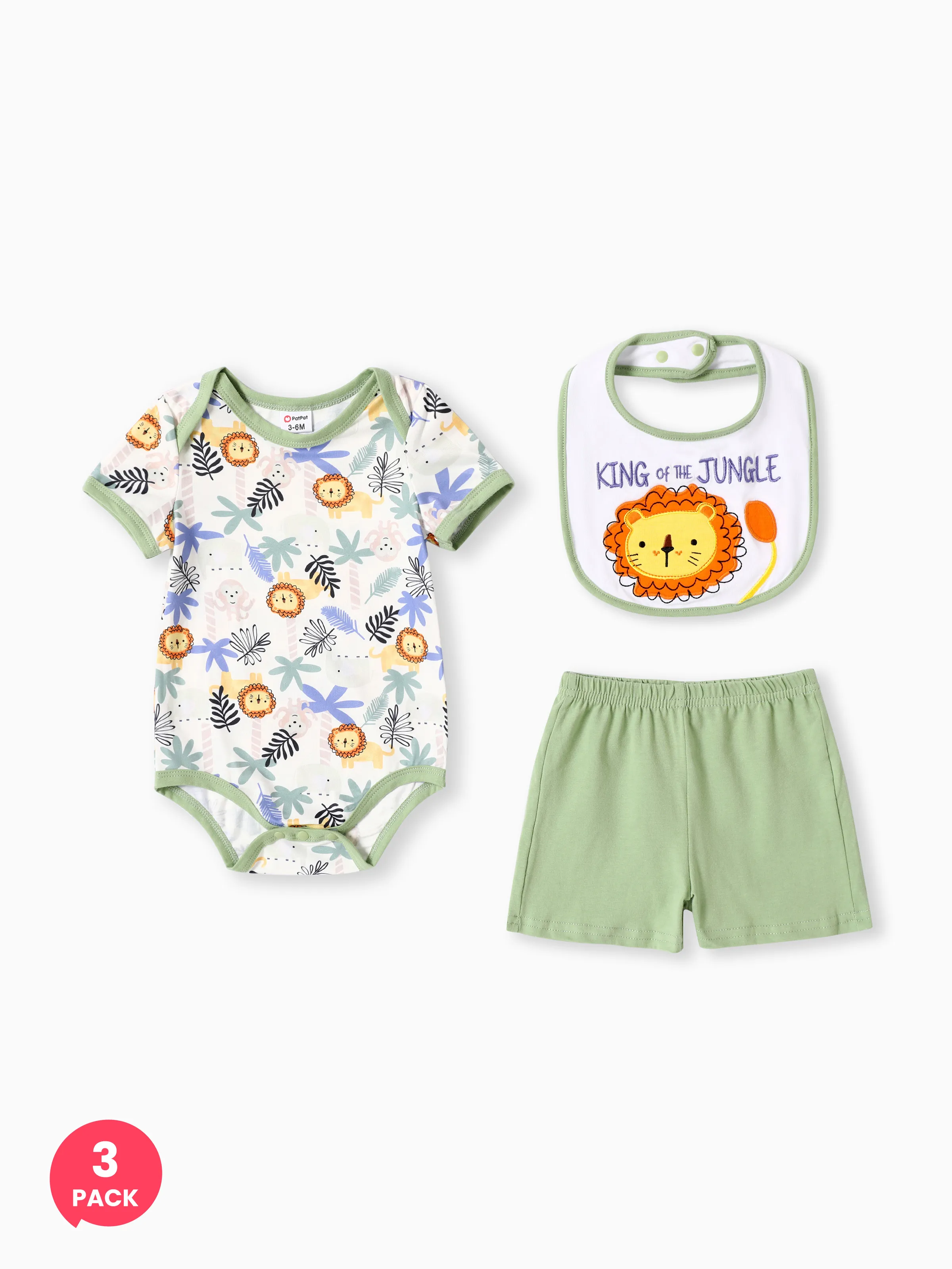 3pcs Baby Boy Lion Print Romper and Shorts and Bib Set