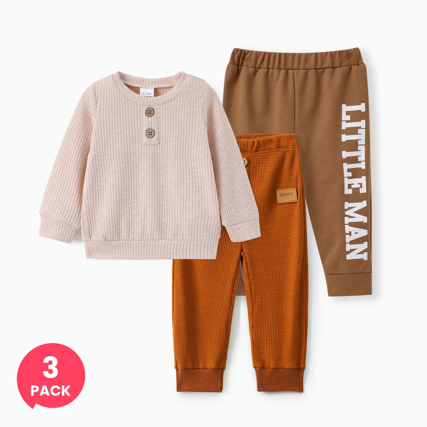 3-Pack Baby Boy Button Design Ribbed Pullover Top & Patchwork Waffle Pants & Letter Print Casual Sweatpants