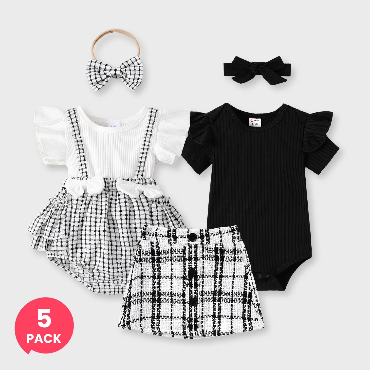 5-Pack Baby Girl Bowknot Grid Ruffled Romper with Headband &Ribbed Romper and Tweed Skirt with Headband Set