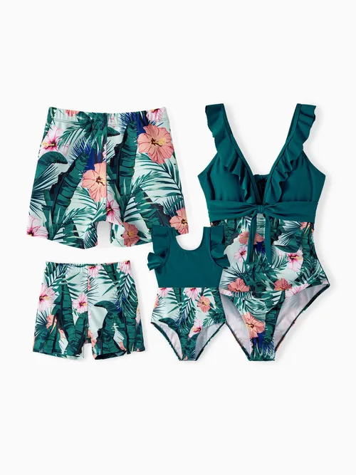 Family Matching Plant Print Ruffle Trim Spliced One-piece Swimsuit or Swim Trunks