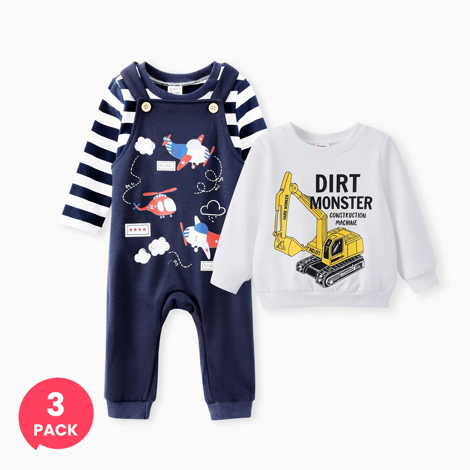 3-Pack Baby Boy Airplane Pattern Hanging Strap Set & Childlike Vehicle Sweatshirt