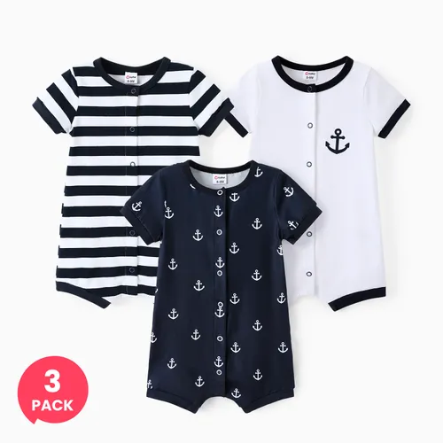 

3-Pack Baby Boy Print/Striped Short-sleeve Snap Romper