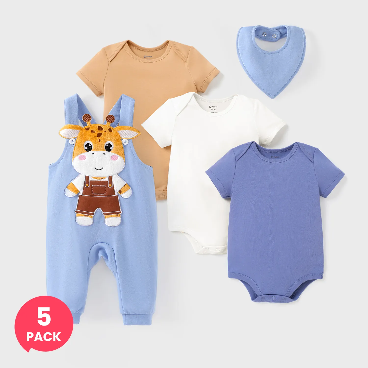 Lot de 5 bébé garçon/fille Barboteuse en coton biologique et girafe broderie combinaison et bavoir