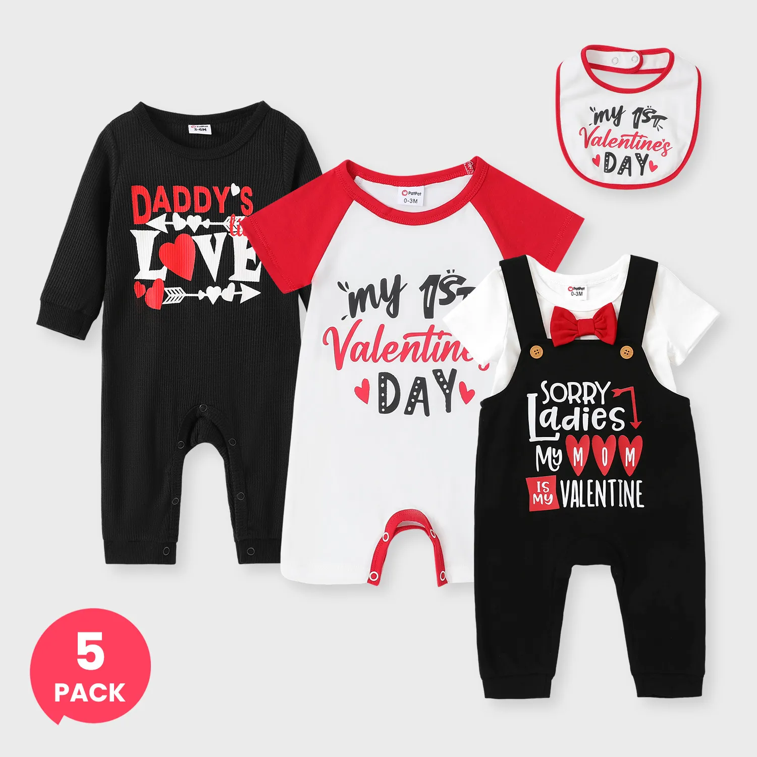 Lot de 5 bébé garçon Saint-Valentin Combishorteuse et bavoir imprimé lettre ensemble et salopette en tricot papillon et salopette lettre ensemble combinaison