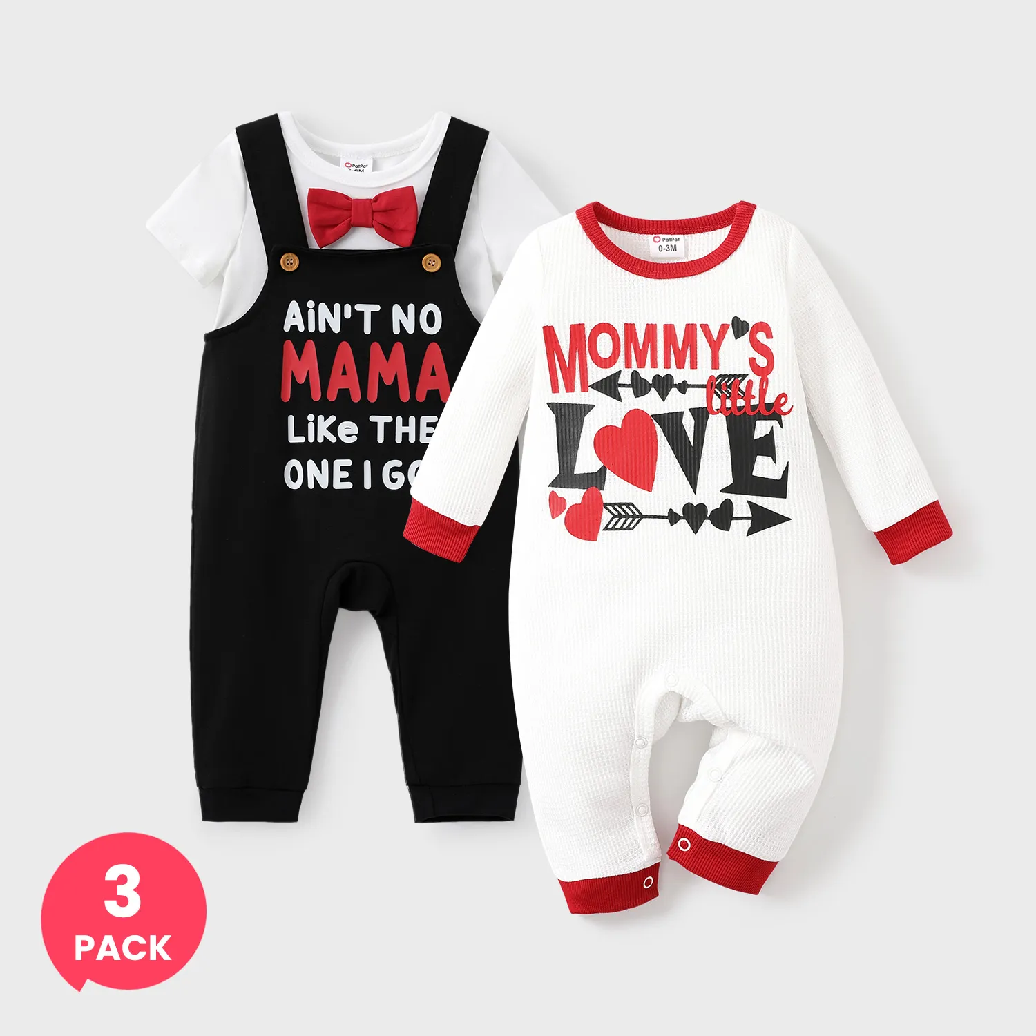 3-Pack Baby Boy Valentine's Day Bowknit Romper and Letter Print Overalls Set & Casual Jumpsuit