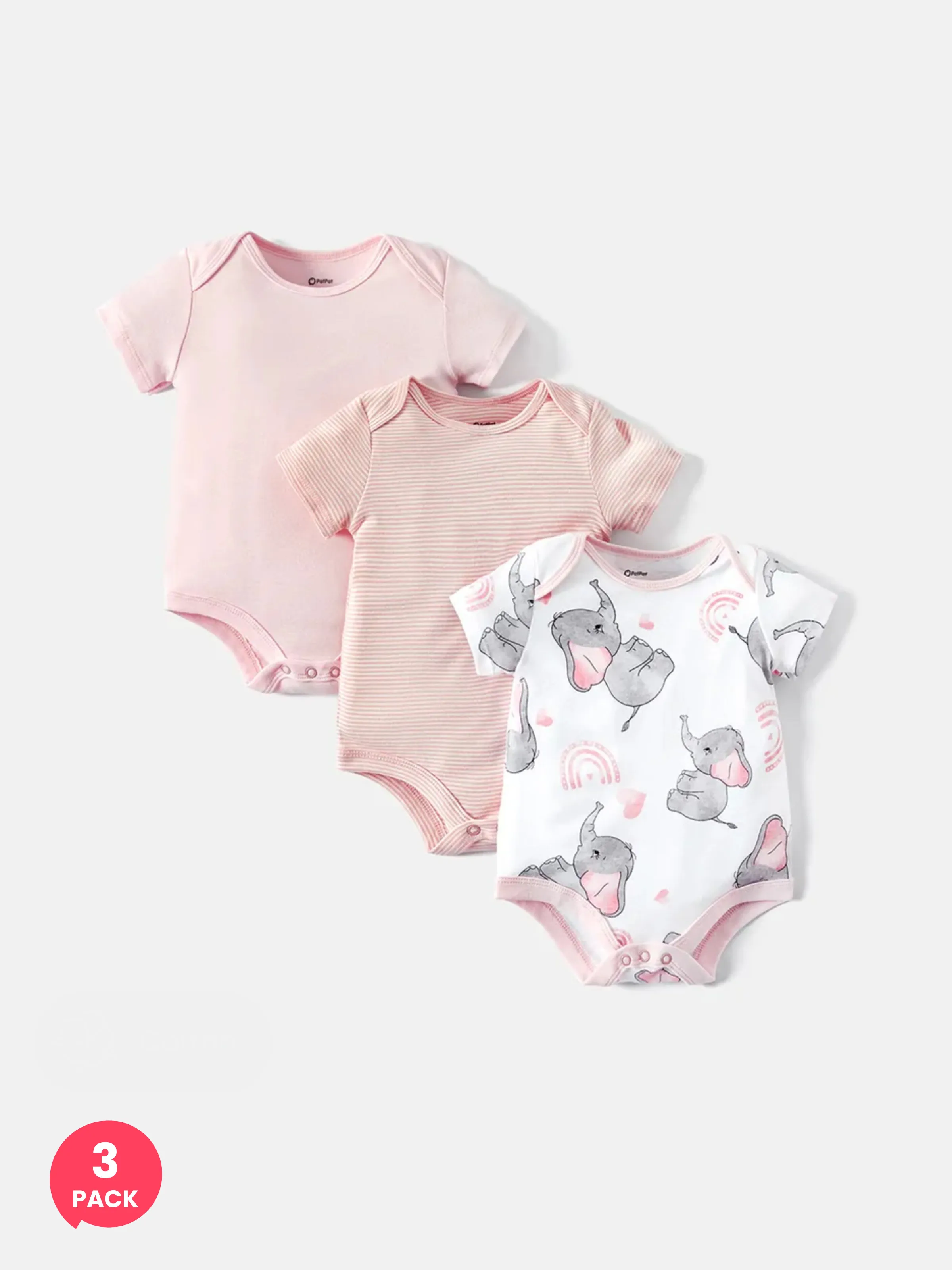 3-Pack Baby Girl/Boy Elephant Print/Solid Color Short-sleeve Rompers