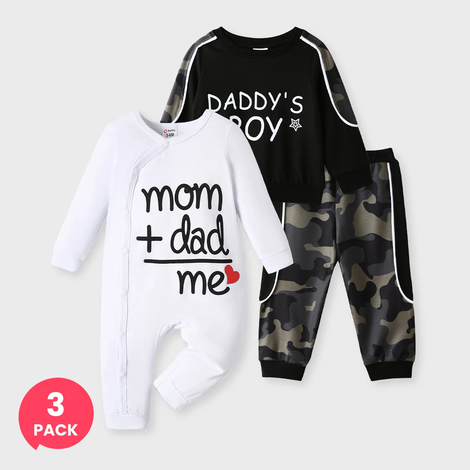 Lot de 3 bébé garçon style décontracté Camouflage Set & 95% coton Combinaison à imprimé cœur d’amour et lettre à manches longues