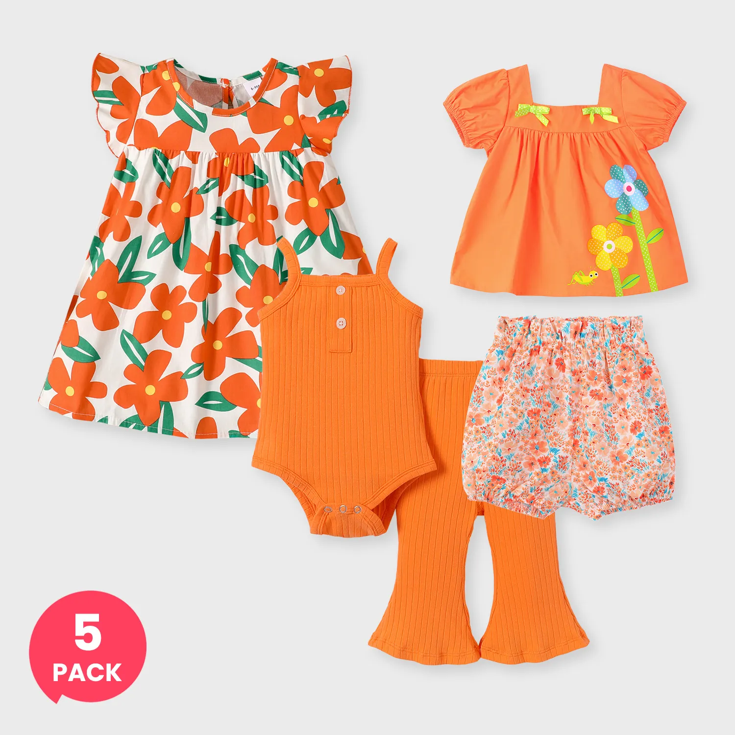 Lot de 5 haut et short à encolure carrée à imprimé floral pour bébé fille, camisole côtelée, combinaison barboteuse et pantalon évasé et robe à manches flottantes