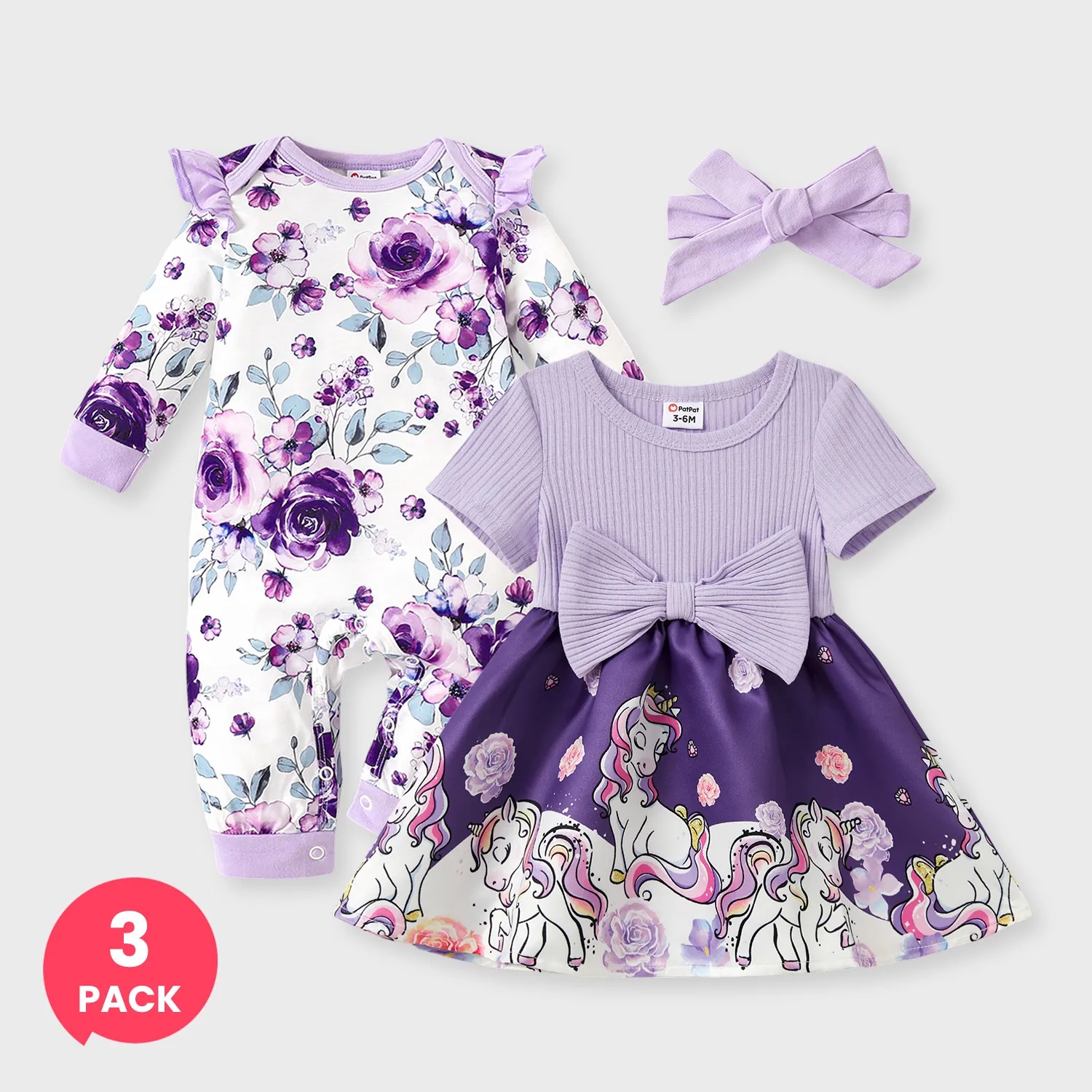 Paquete de 3 atuendos de bebé niña Mono de manga larga Naia Floral Sweet con diadema y vestido Bowknot con patrón de unicornio de bloques de color