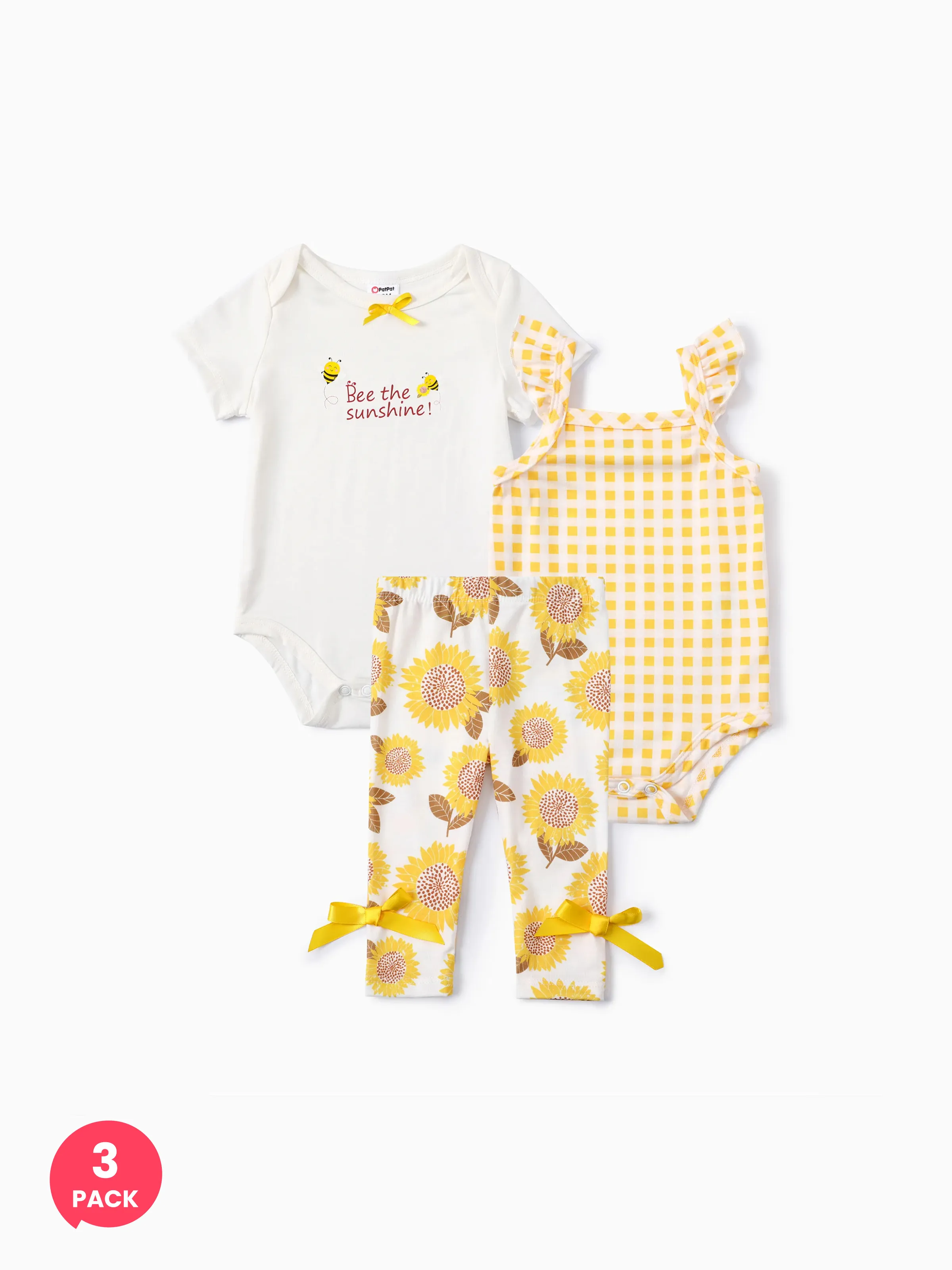 Baby Girl 3pcs Sweet Sunflower Grid Print Pagliaccetto e Leggings Set